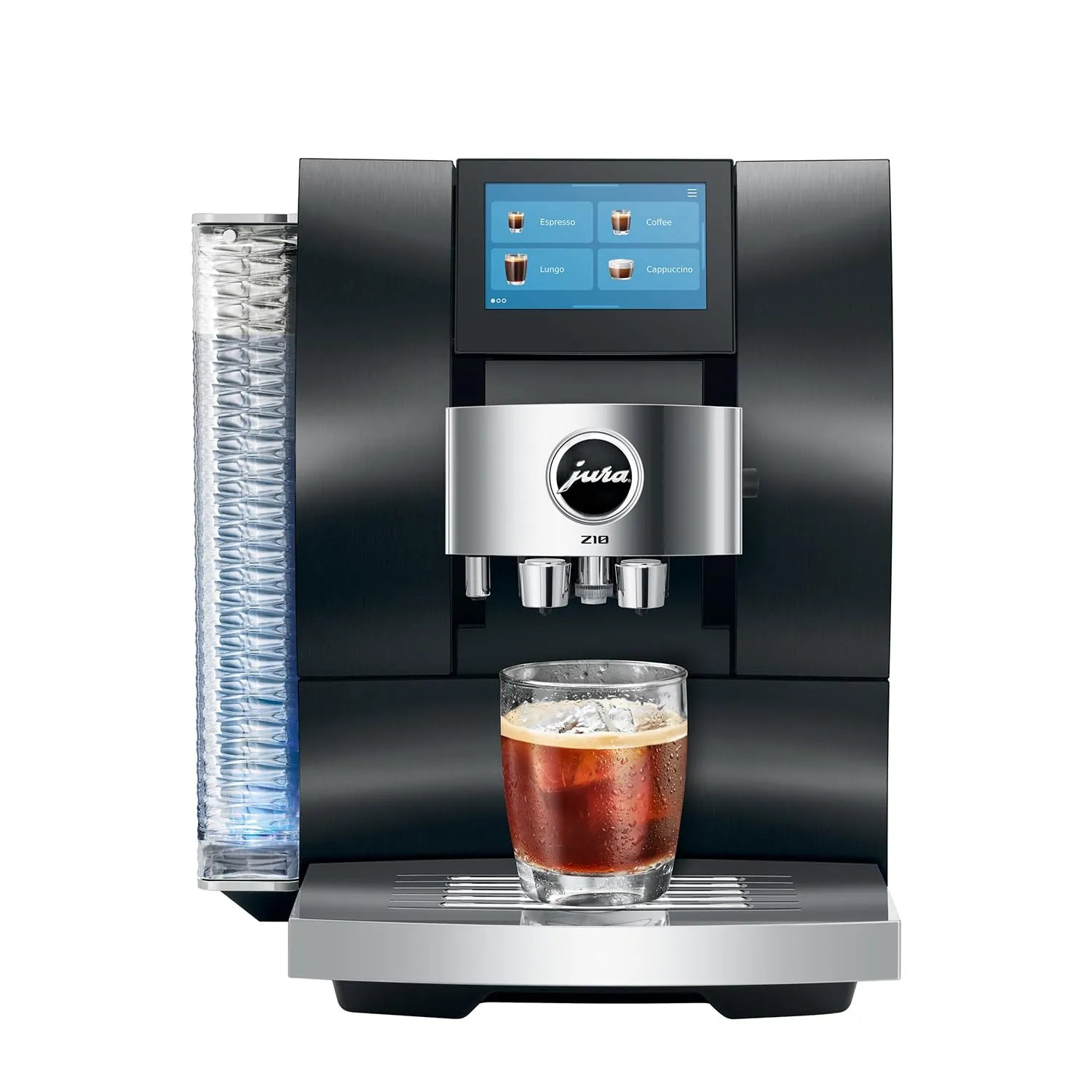 A Jura Z803 automatic coffee machine in black and silver, shown with a glass of iced espresso on its drip tray and a water tank on the left, against a solid white background.