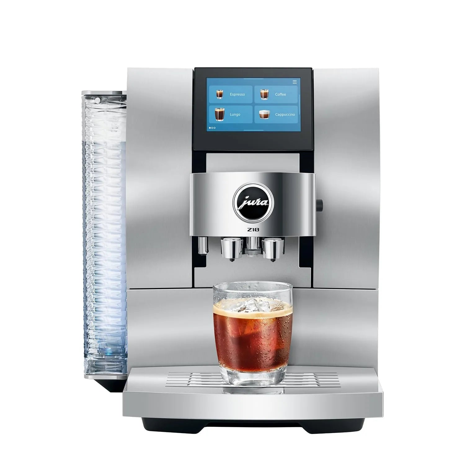 A Jura Z803 commercial-style espresso machine in stainless steel with a digital touch screen, a clear water tank on the left, and a glass of espresso with foam sitting on the drip tray, shown against a plain white background.