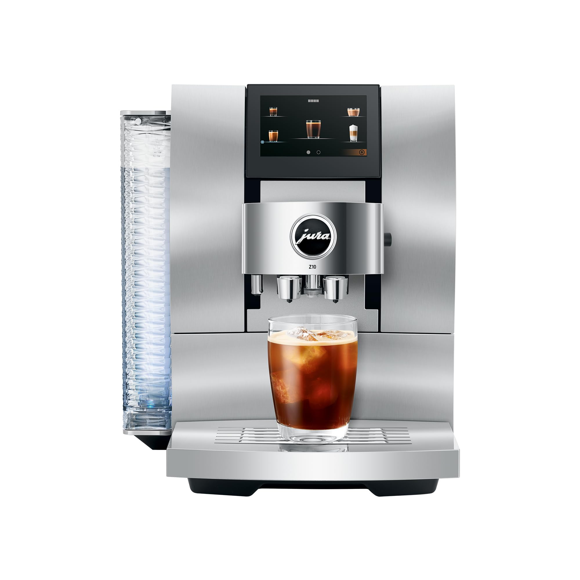 Front view of Aluminum White Jura espresso machine with an iced coffee in glass cup on stand displayed on a white background