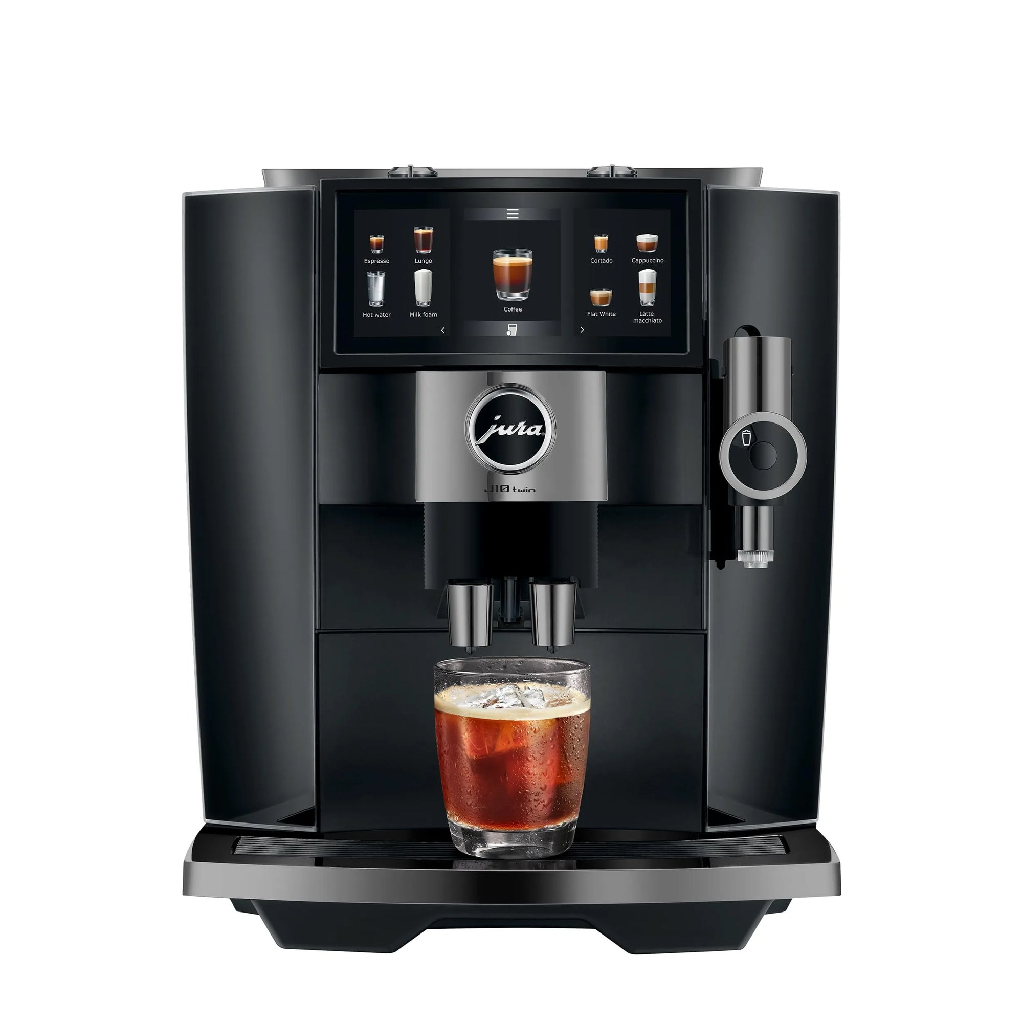 A sleek black and silver Jura coffee machine with a digital touch screen, shown with a glass of iced coffee on its drip tray against a solid white background.