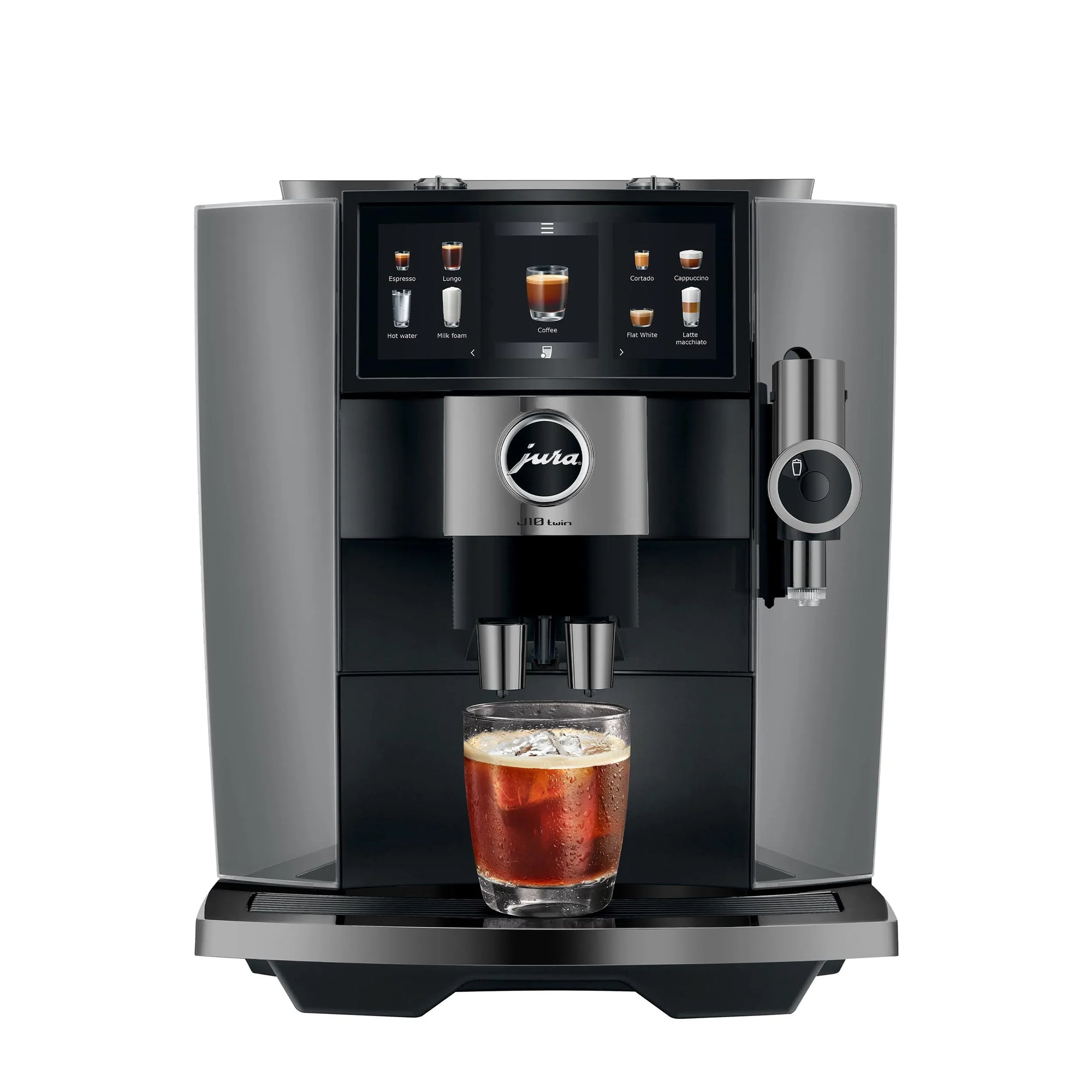 A sleek Jura coffee machine in dark gray and black, shown with a glass of iced coffee on its drip tray against a solid white background.
