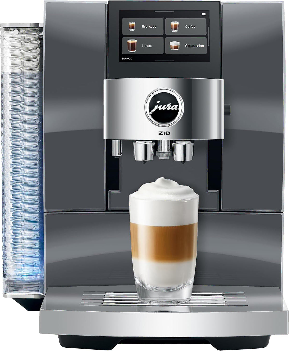 Front view of a Jura Z10 fully automatic espresso machine in dark gray and silver, shown with a glass of layered latte macchiato on its drip tray.
