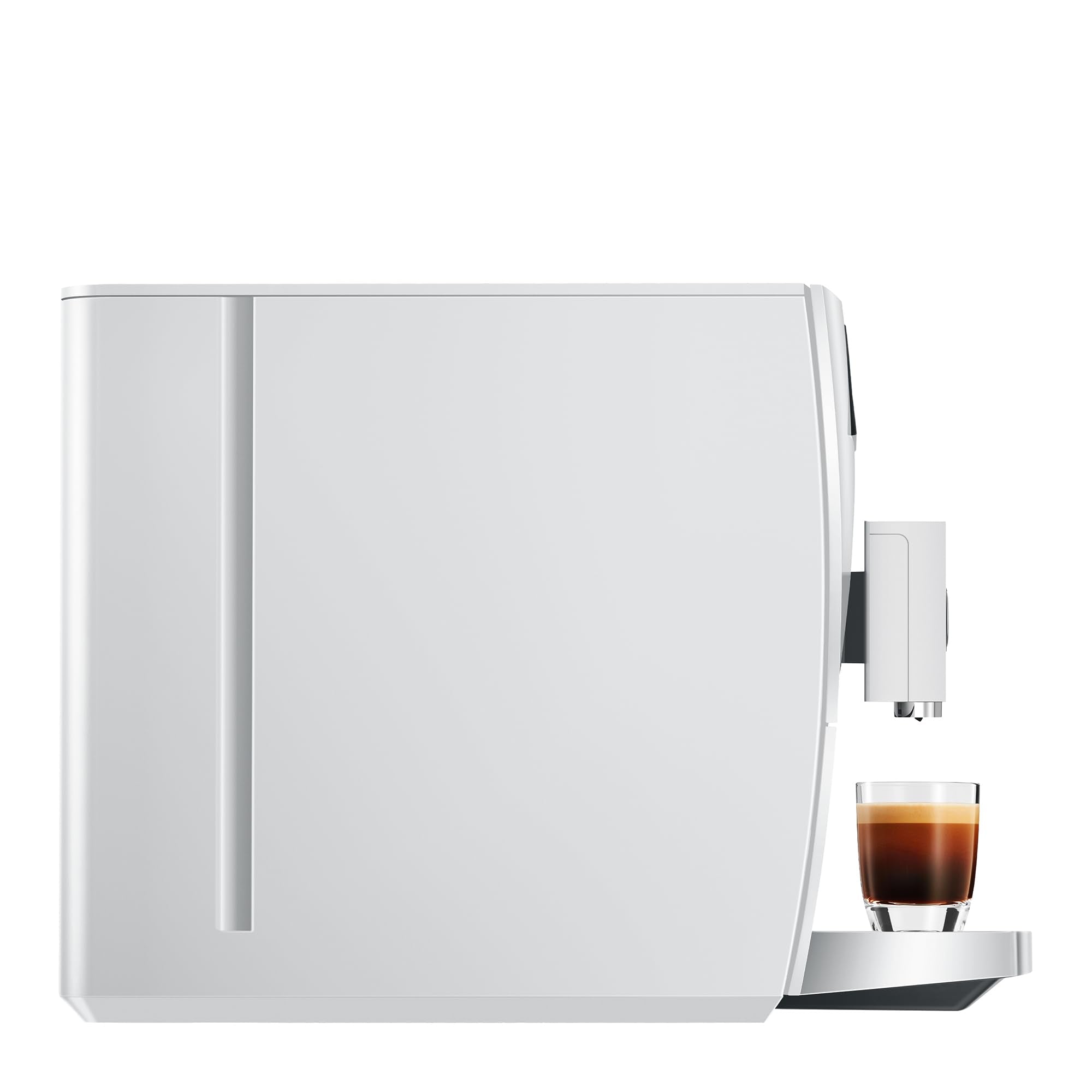 White coffee machine with a glass of espresso on a white background