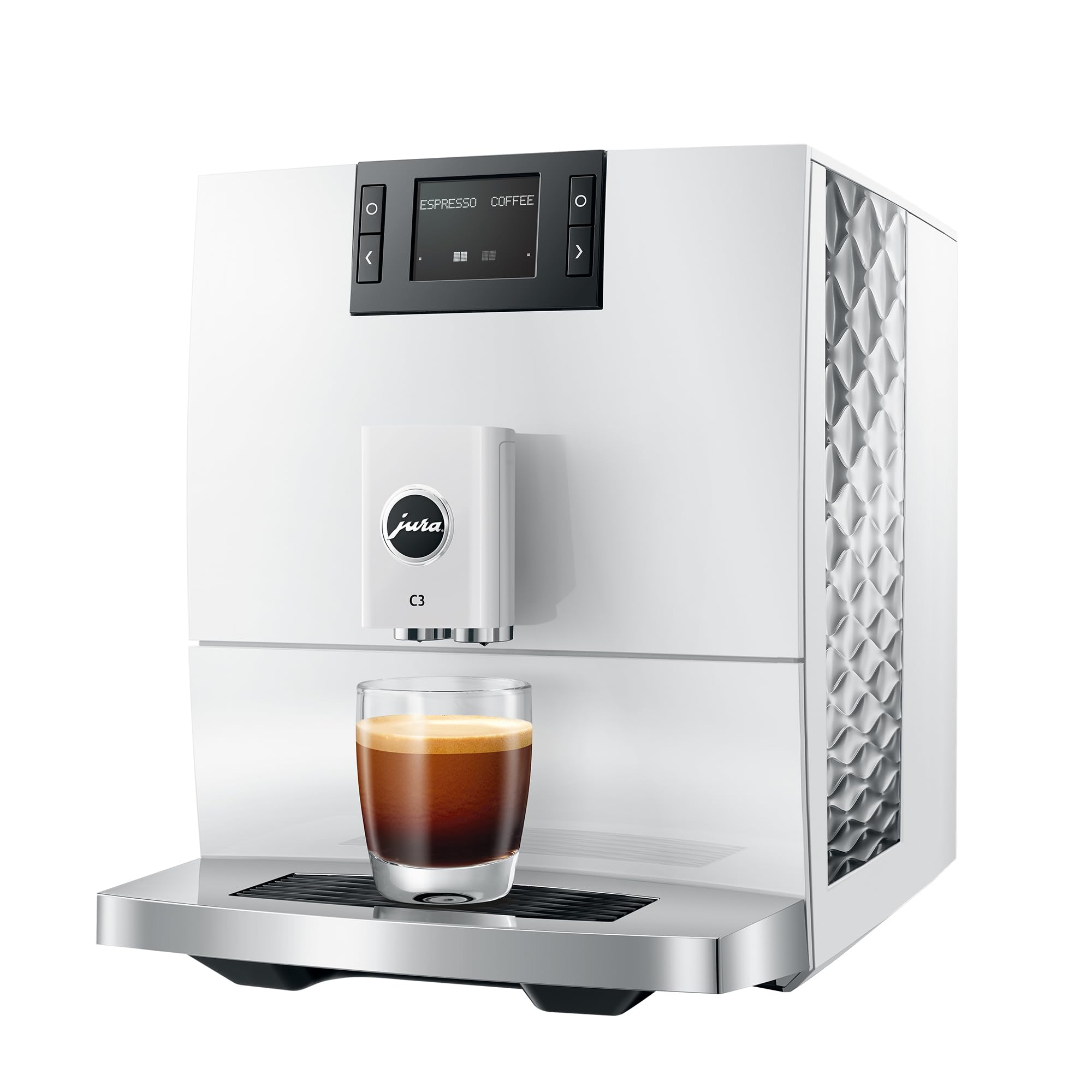 White coffee machine with a glass of espresso on a white background