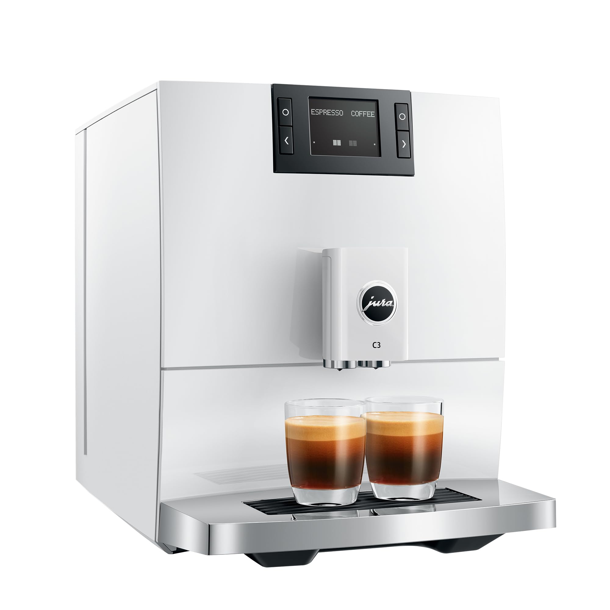 White coffee machine with two glasses of coffee on a white background