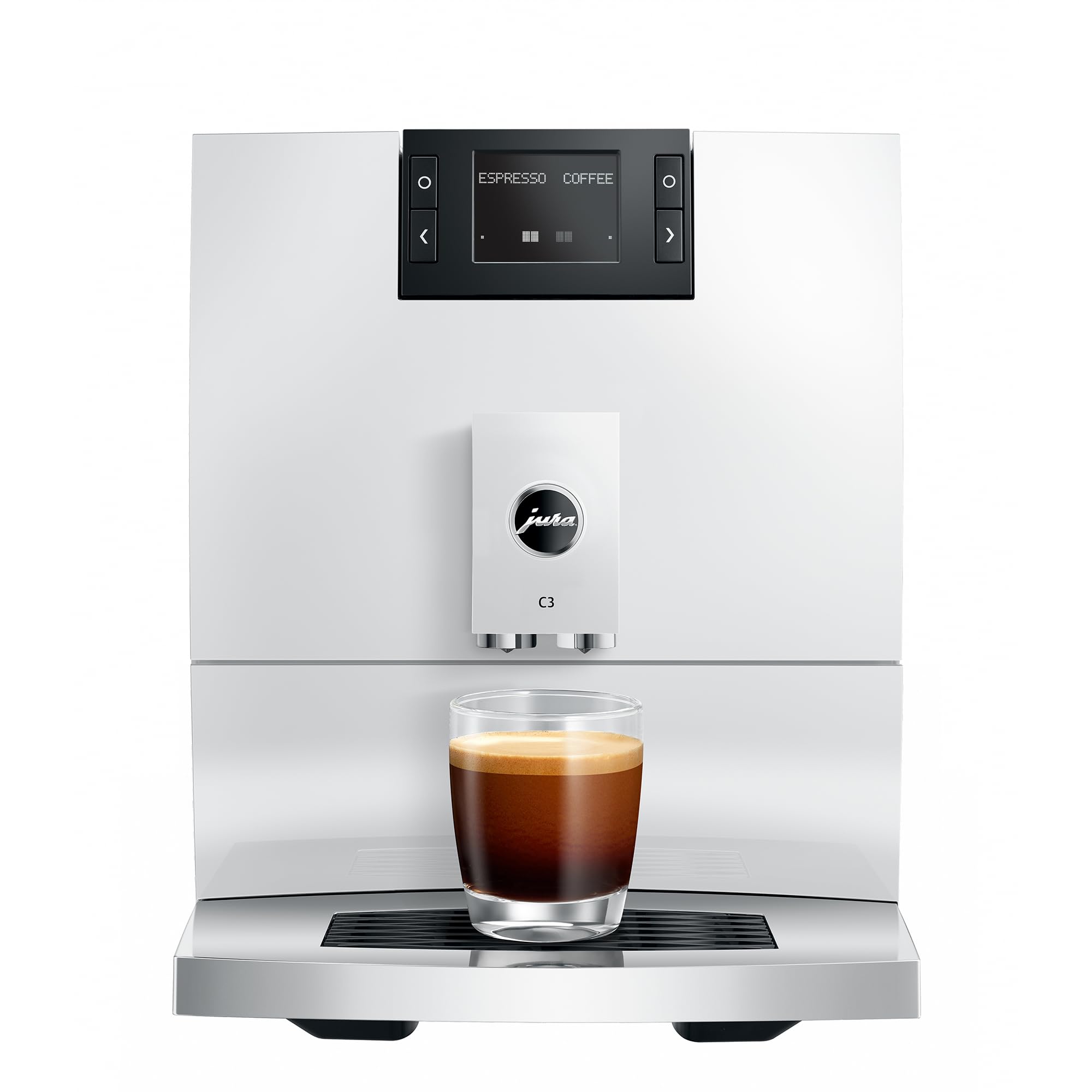 White coffee machine with a glass of espresso on a white background