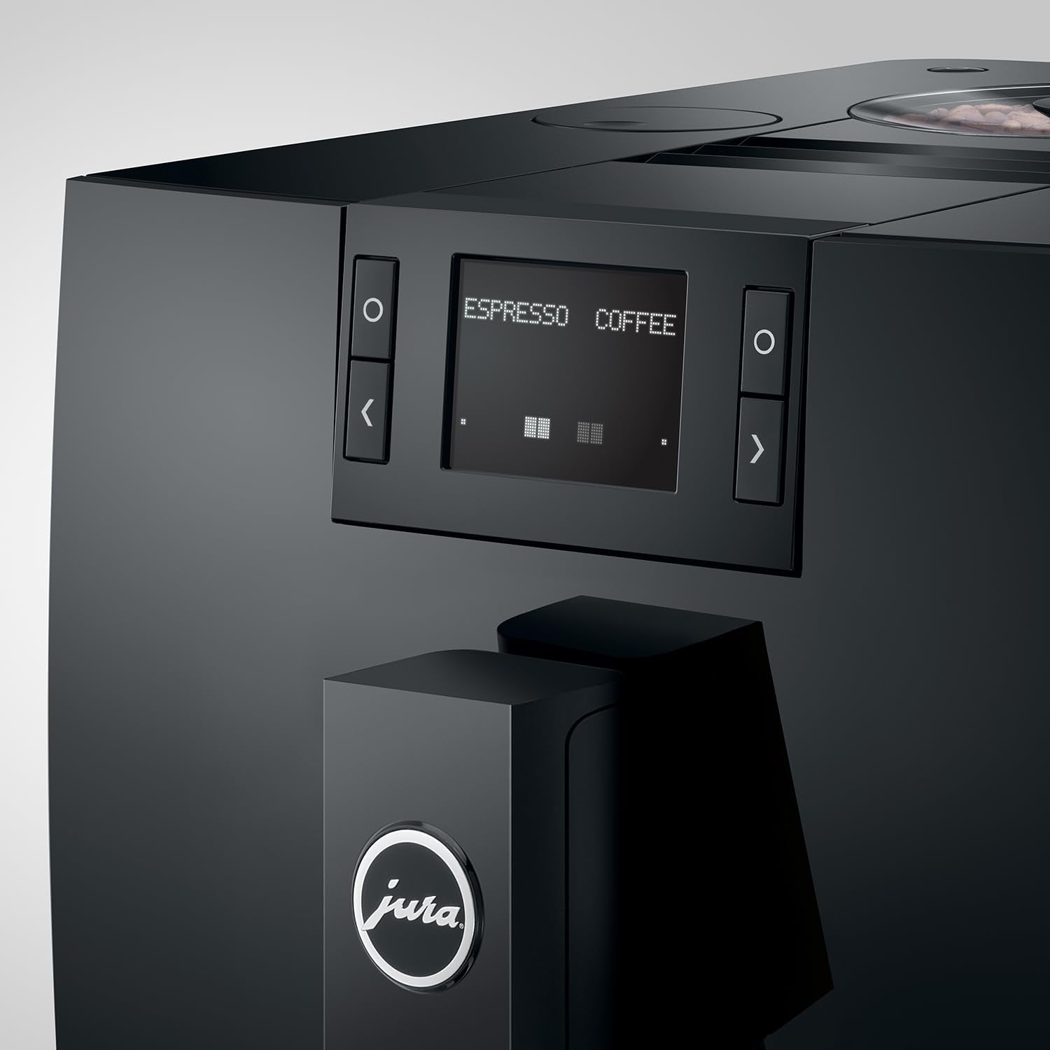 Black coffee machine with digital display and Jura logo on a light gray background