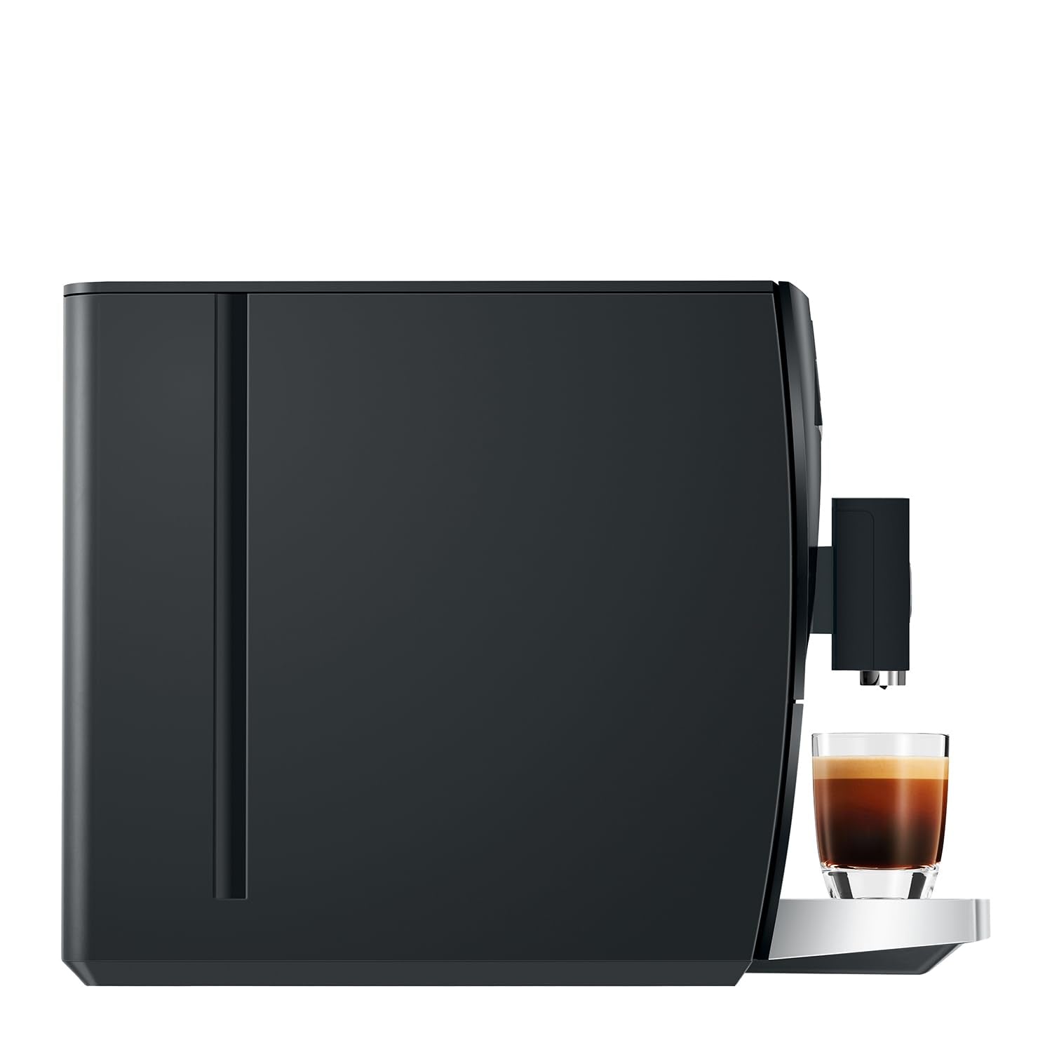 Black coffee machine with a glass of coffee on a white background