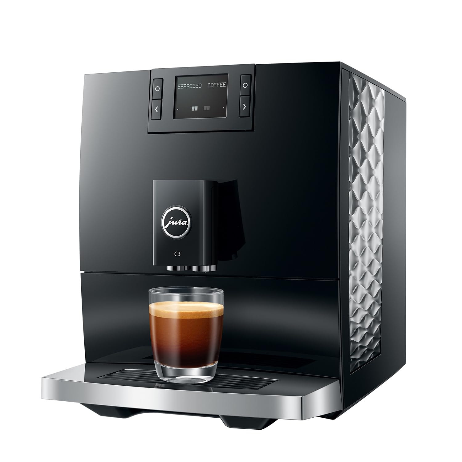 Black coffee machine with a glass of espresso on a white background