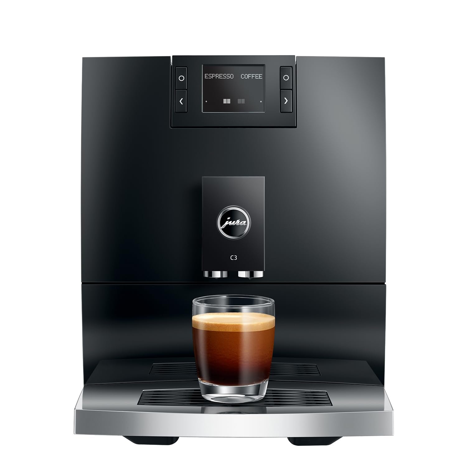 Black coffee machine with a glass of espresso on a white background