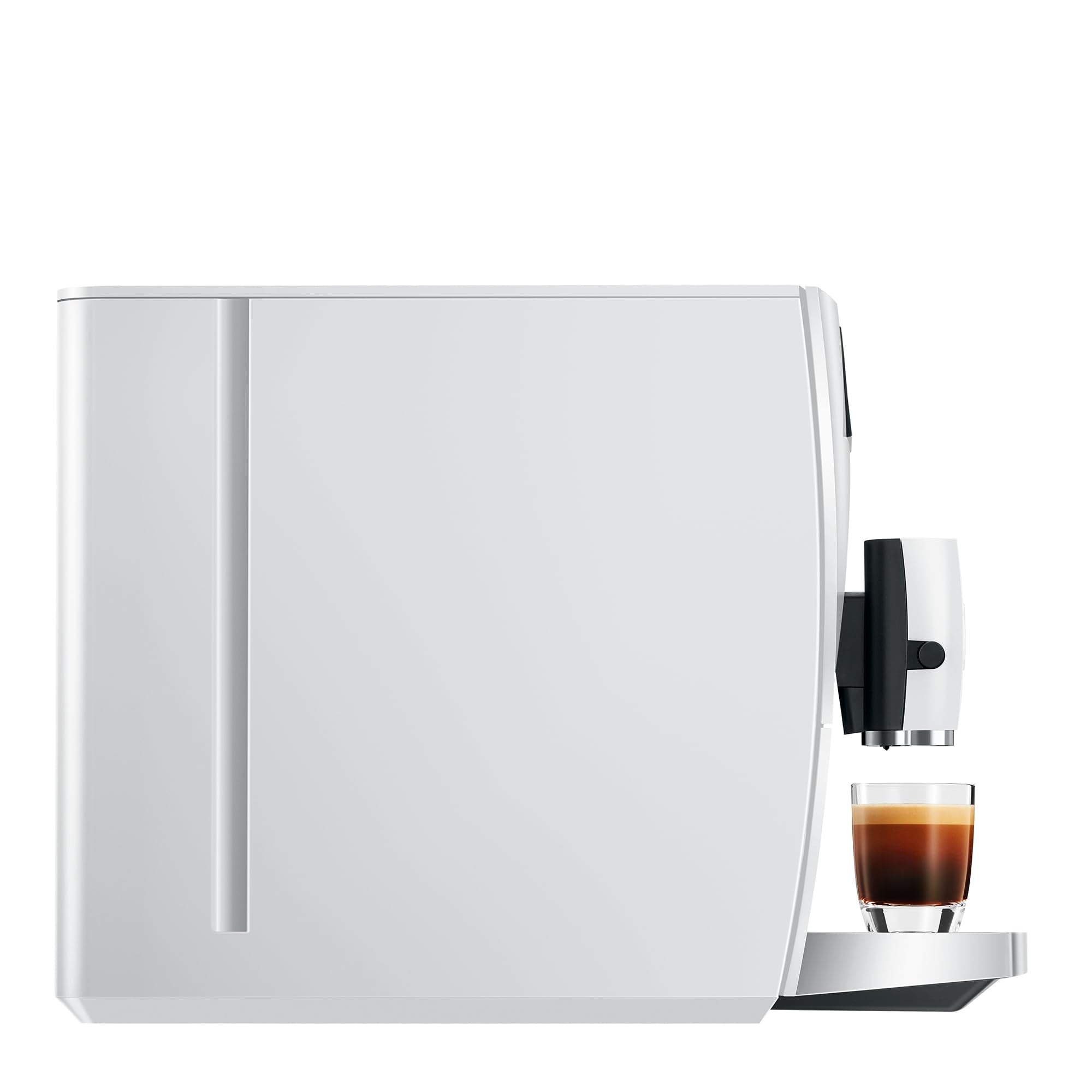 White coffee machine with a glass of coffee on a white background