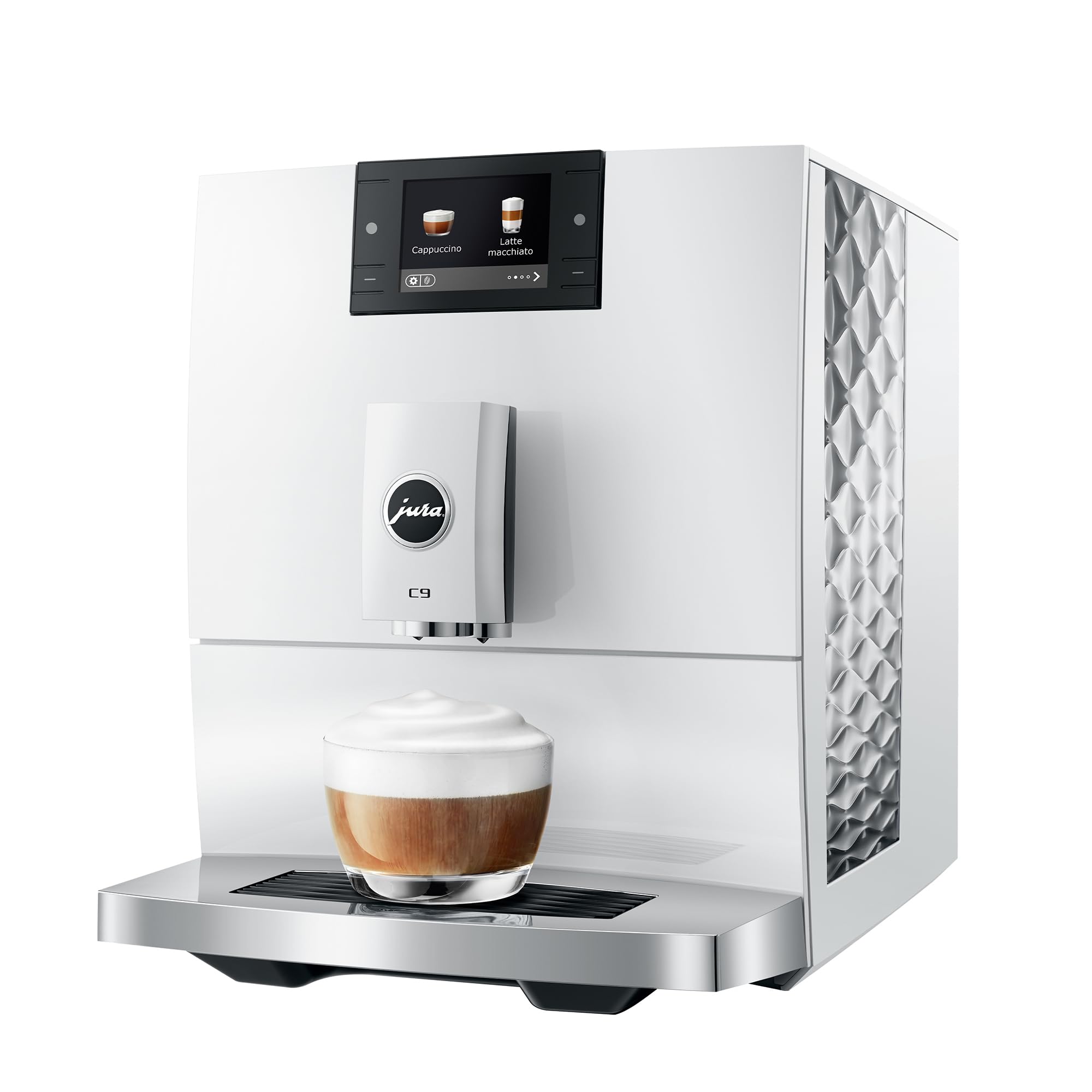 White coffee machine with a glass of coffee on a white background