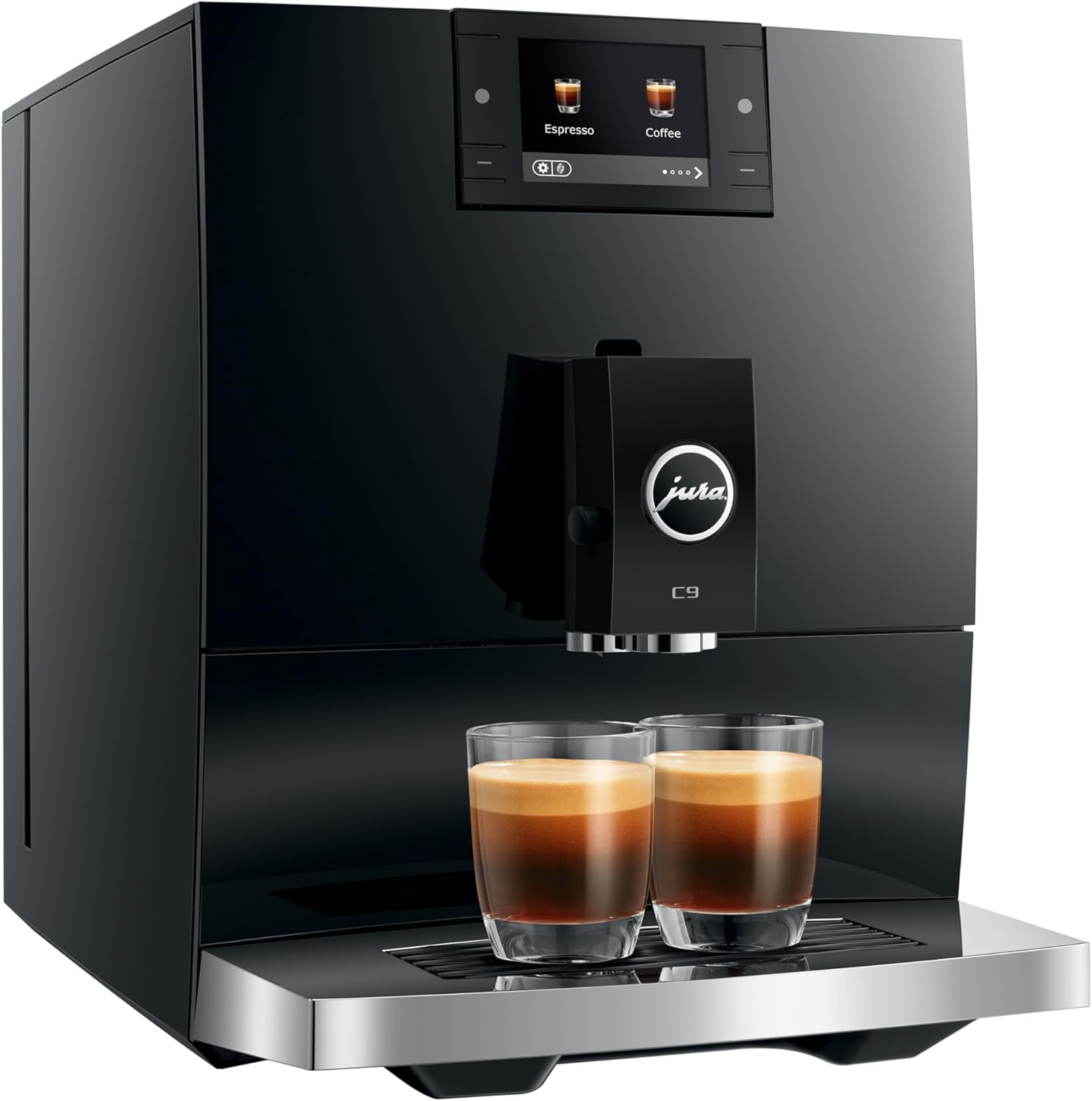 Black coffee machine with two glasses of coffee on a white background