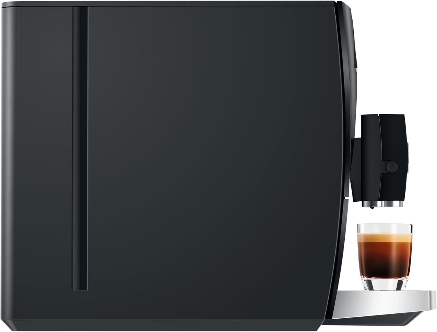 Black coffee machine with a glass of coffee on a white background