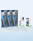 Jura coffee machine cleaning kit with three Smart+ filter pouches, a bottle to hold tablet cleaners, a box of tablet cleaners, and two clear replacement tubes on a light blue gradient background.