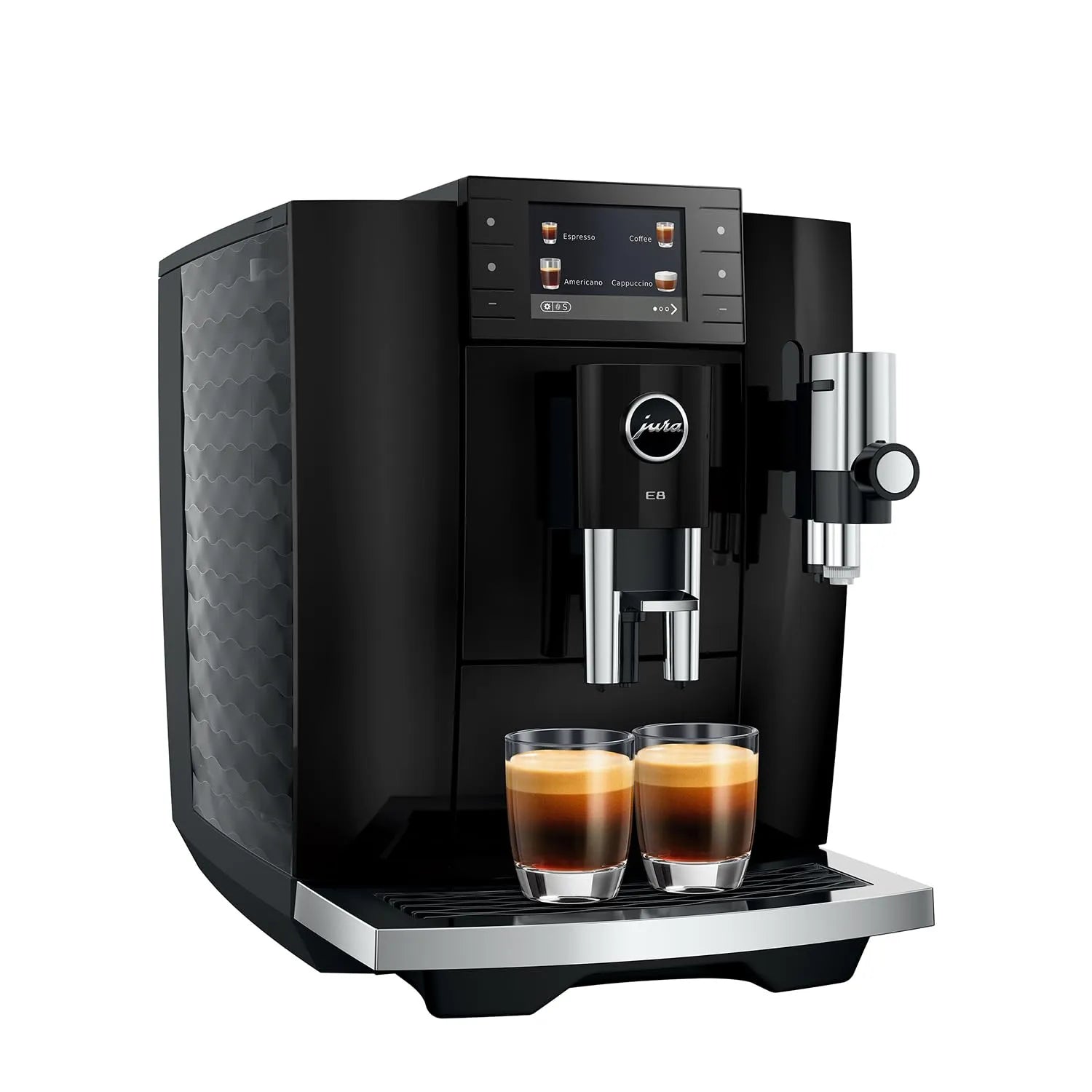 A black Jura E8 coffee machine with a digital display screen, two glass cups of espresso underneath, and a silver steam wand, shown against a solid white background.