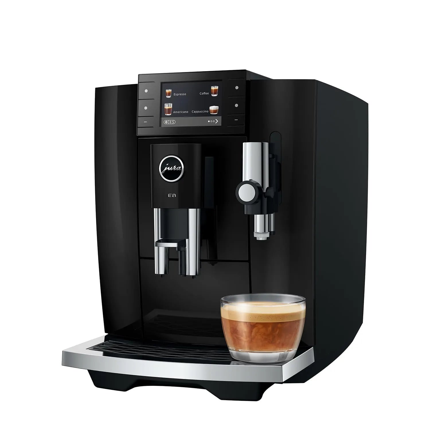 A black Jura E8 coffee machine with a digital touch screen, shown with a glass of espresso on its drip tray against a white background.