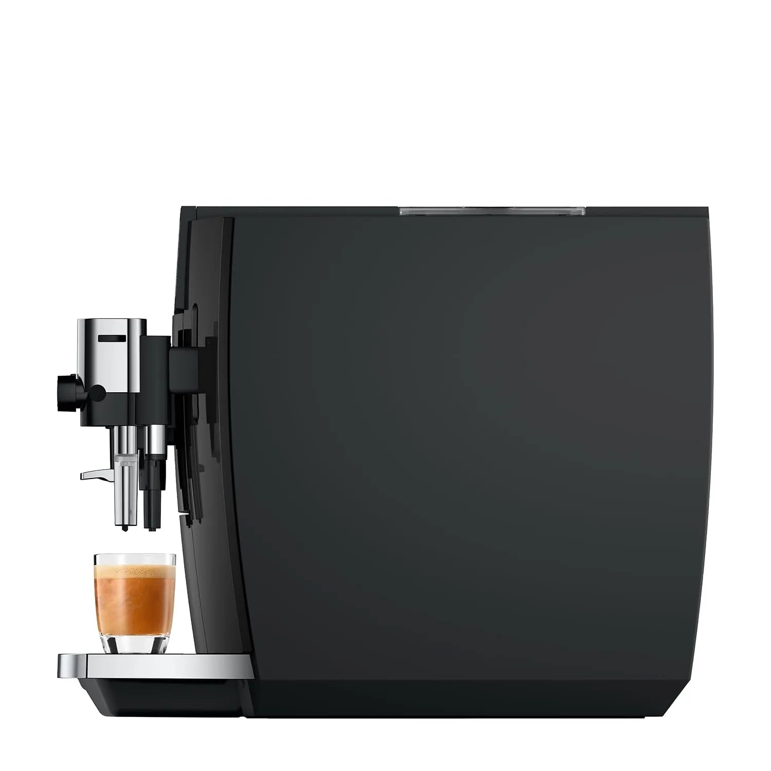 A sleek black coffee machine with a chrome-finished spout and drip tray, shown on a plain white background with a small glass of espresso underneath.