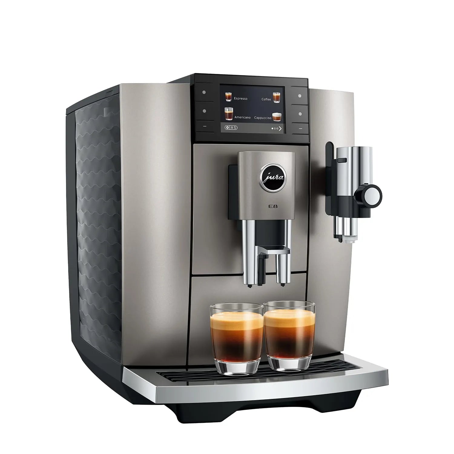 A Jura commercial-style espresso machine in brushed stainless steel with a black textured side panel, shown with two espresso cups on the drip tray against a plain white background.