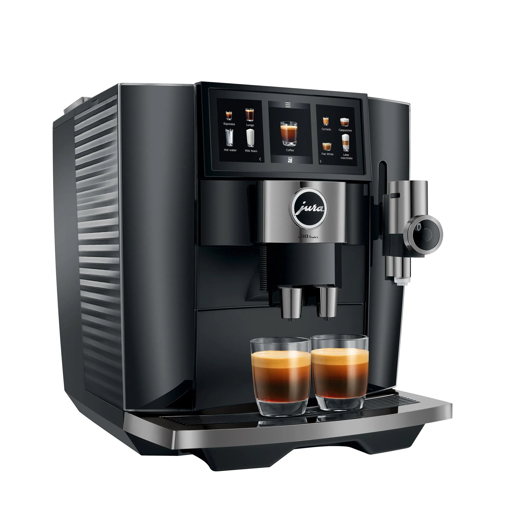 A black and silver Jura coffee machine with a digital touch screen, shown dispensing espresso into two glasses on a white background.
