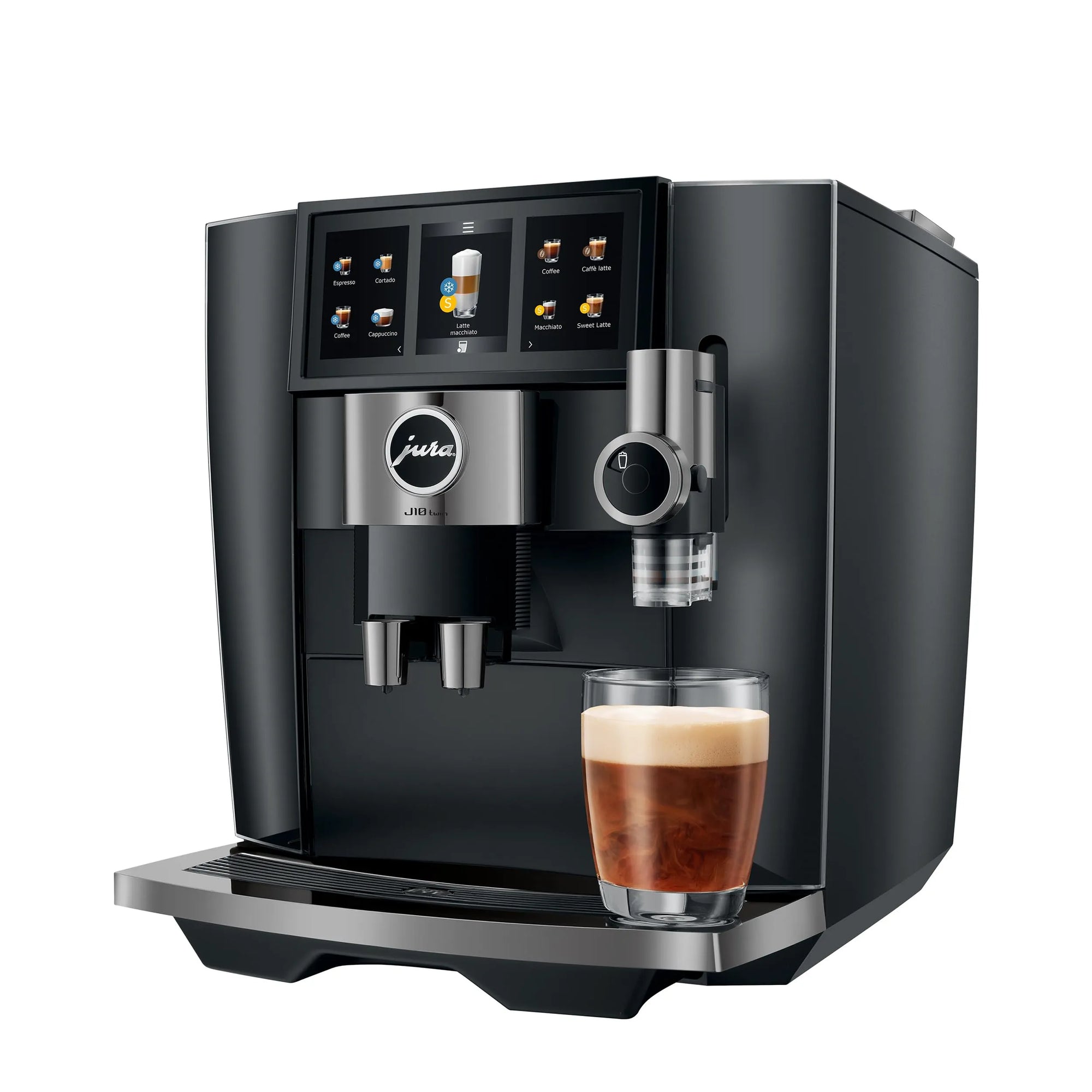 A black and stainless steel Jura coffee machine with a digital touch screen, shown with a glass of espresso and milk on the drip tray against a white background.