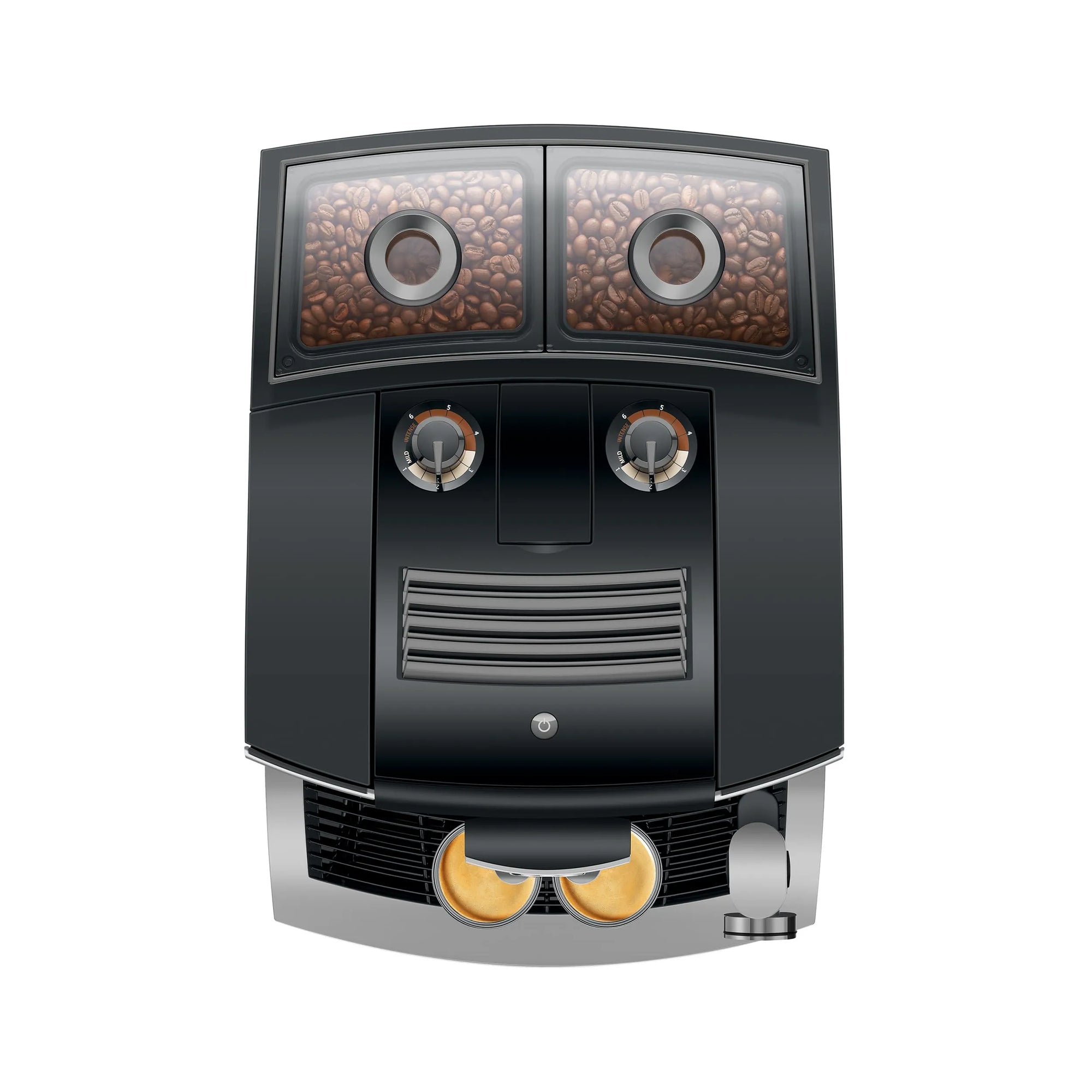 A top-down view of a black coffee machine with two transparent bean hopper windows showing coffee beans, two silver dials, a vented panel, and two golden espresso shots in the dispensing tray, isolated on a white background.