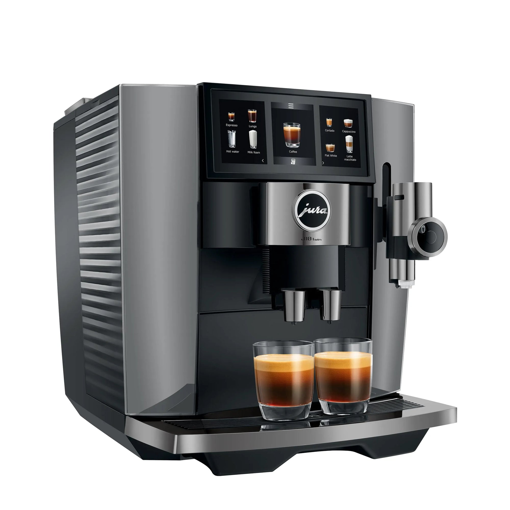 A Jura coffee machine in dark gray and black, shown with two glasses of espresso on its drip tray against a white background.