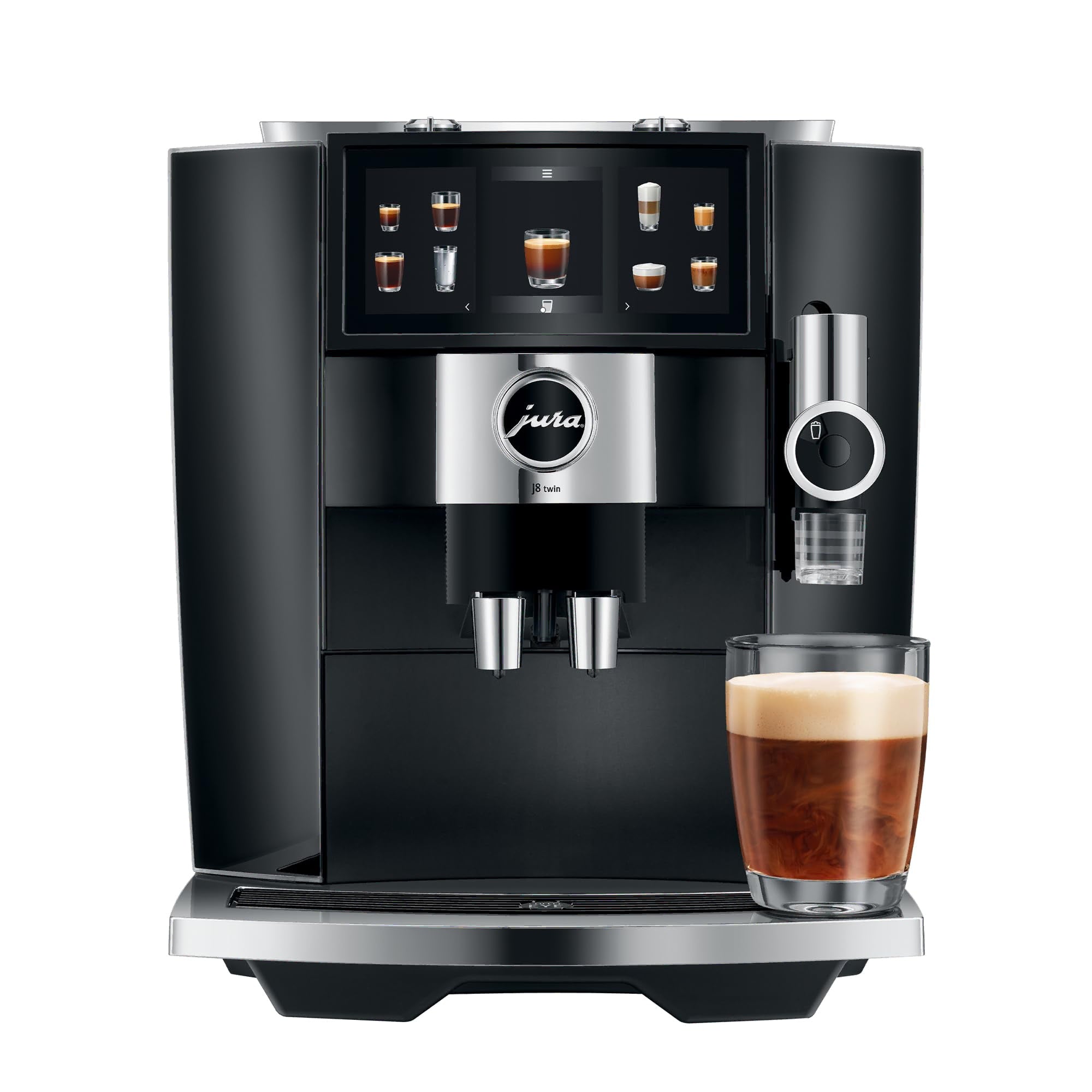 Black and silver Jura coffee machine with a glass of coffee on a white background