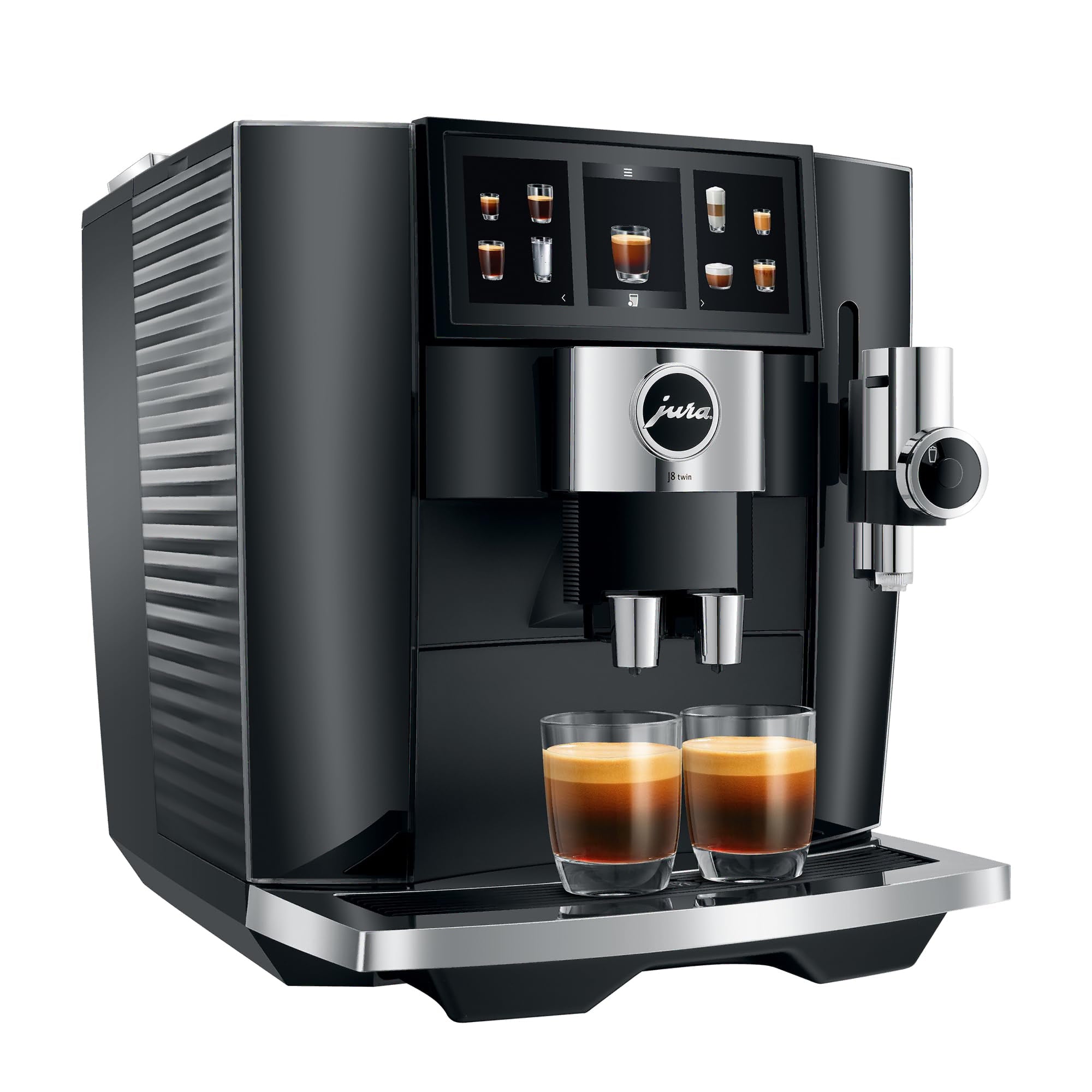 Black and silver Jura coffee machine with two glasses of espresso on a white background