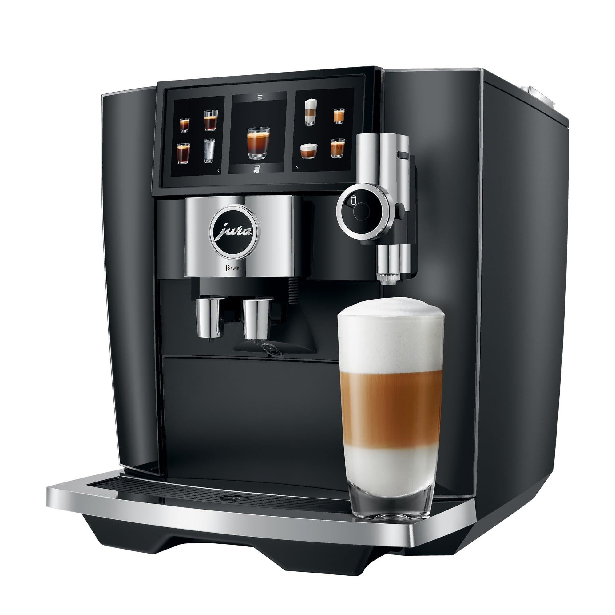 Black and silver Jura coffee machine with a glass of layered coffee on a white background