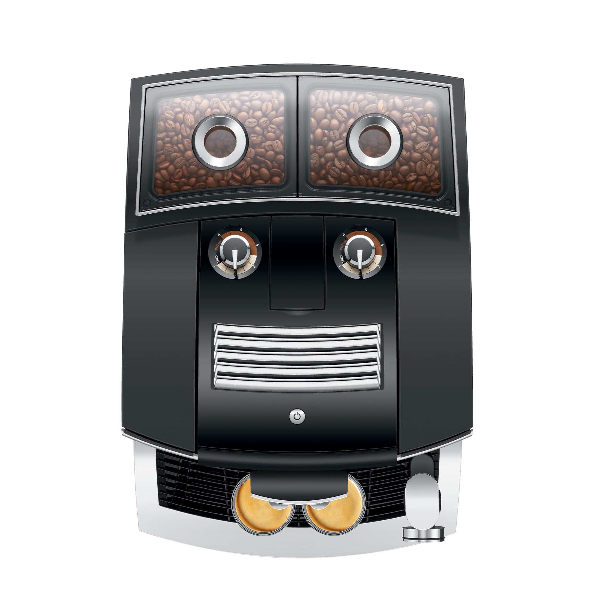 Top view of black coffee machine with coffee beans inside a bean hopper on a white background
