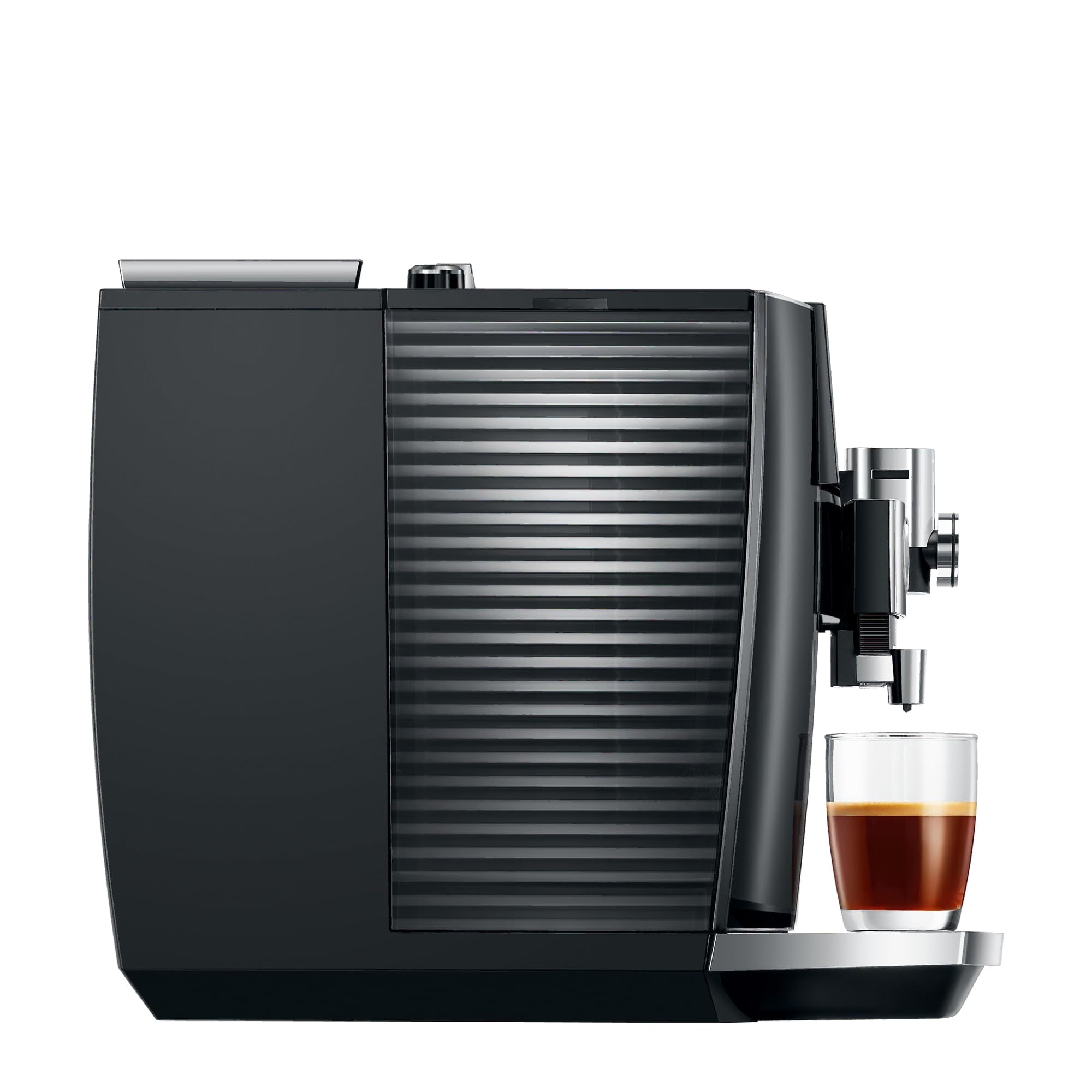 Black coffee machine with a glass of coffee on a white background