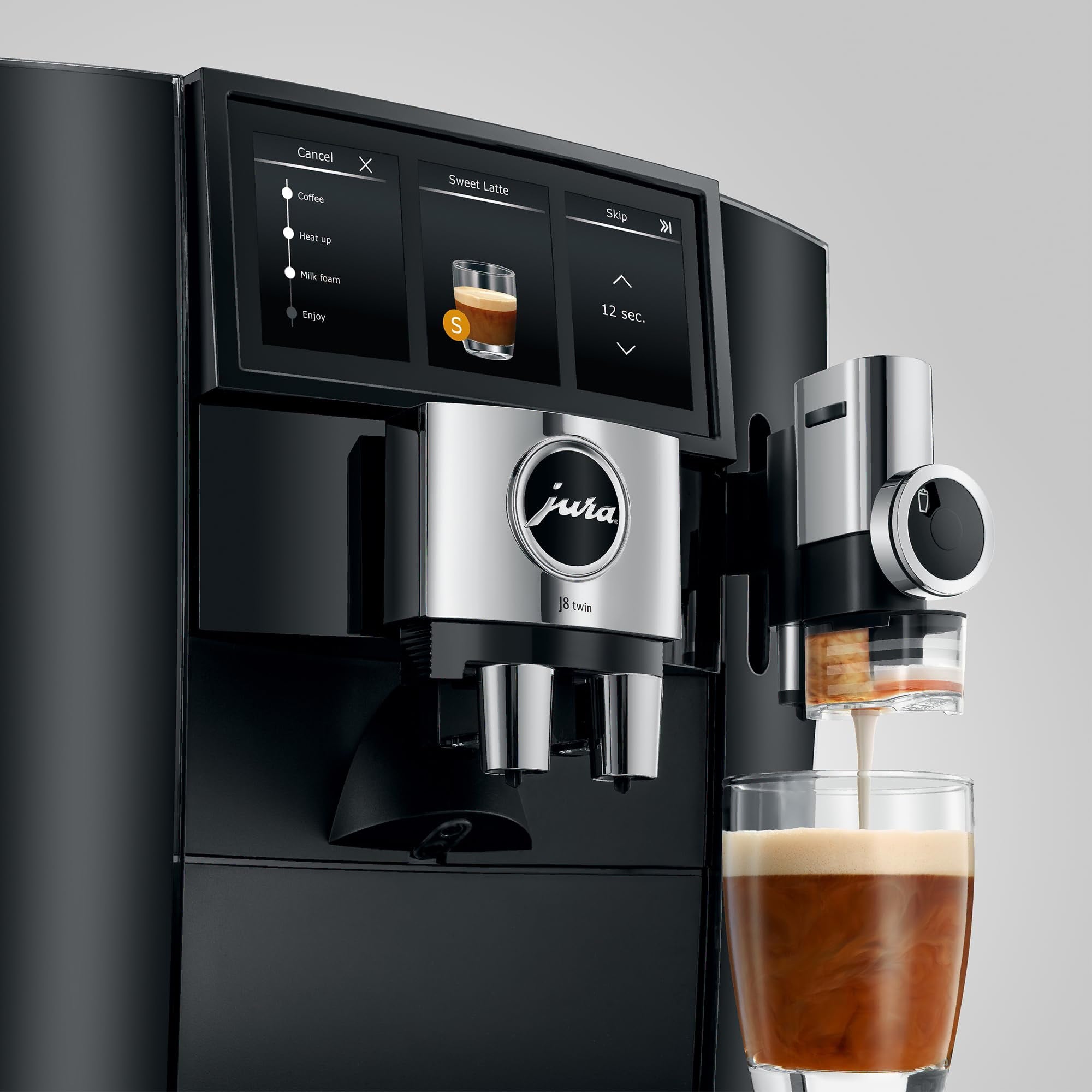 Jura coffee machine with a glass of coffee on a gray background