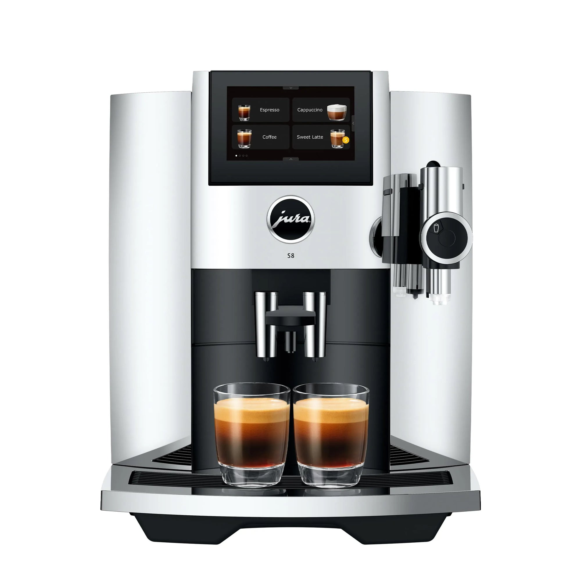 Jura coffee machine with two glasses of coffee on a white background