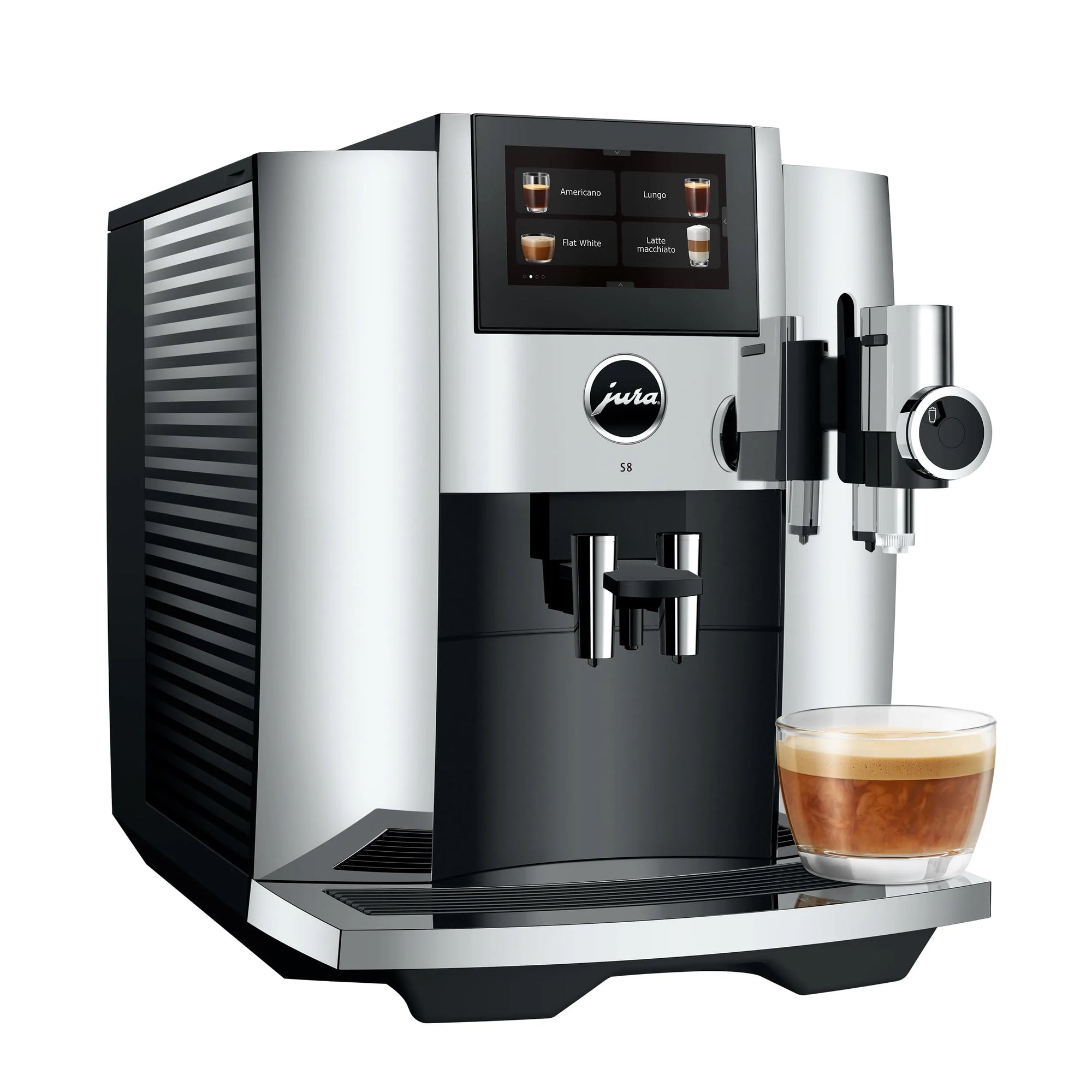 Jura coffee machine with a glass of coffee on a white background