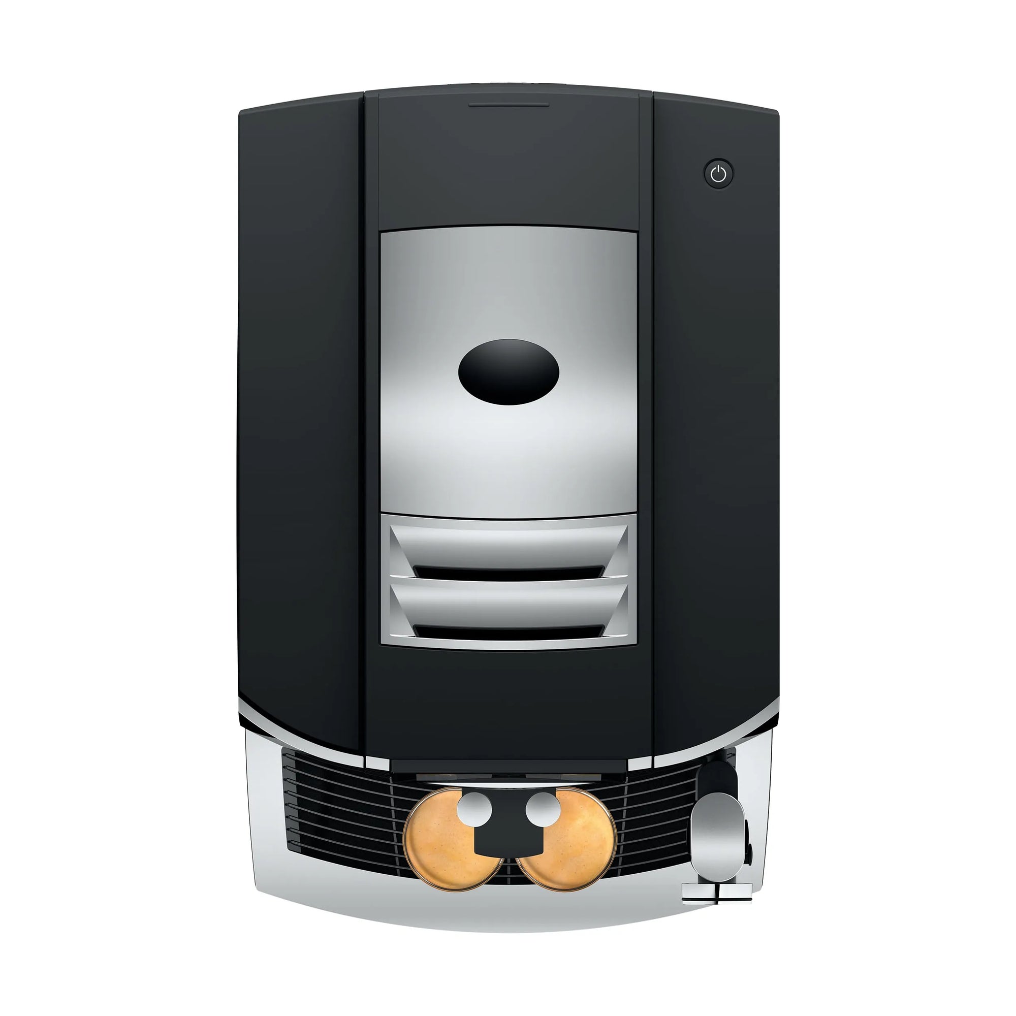 Top view of black and silver Jura coffee machine with 2 cups of coffee displayed on a white background