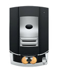 Top view of black and silver Jura coffee machine with 2 cups of coffee displayed on a white background