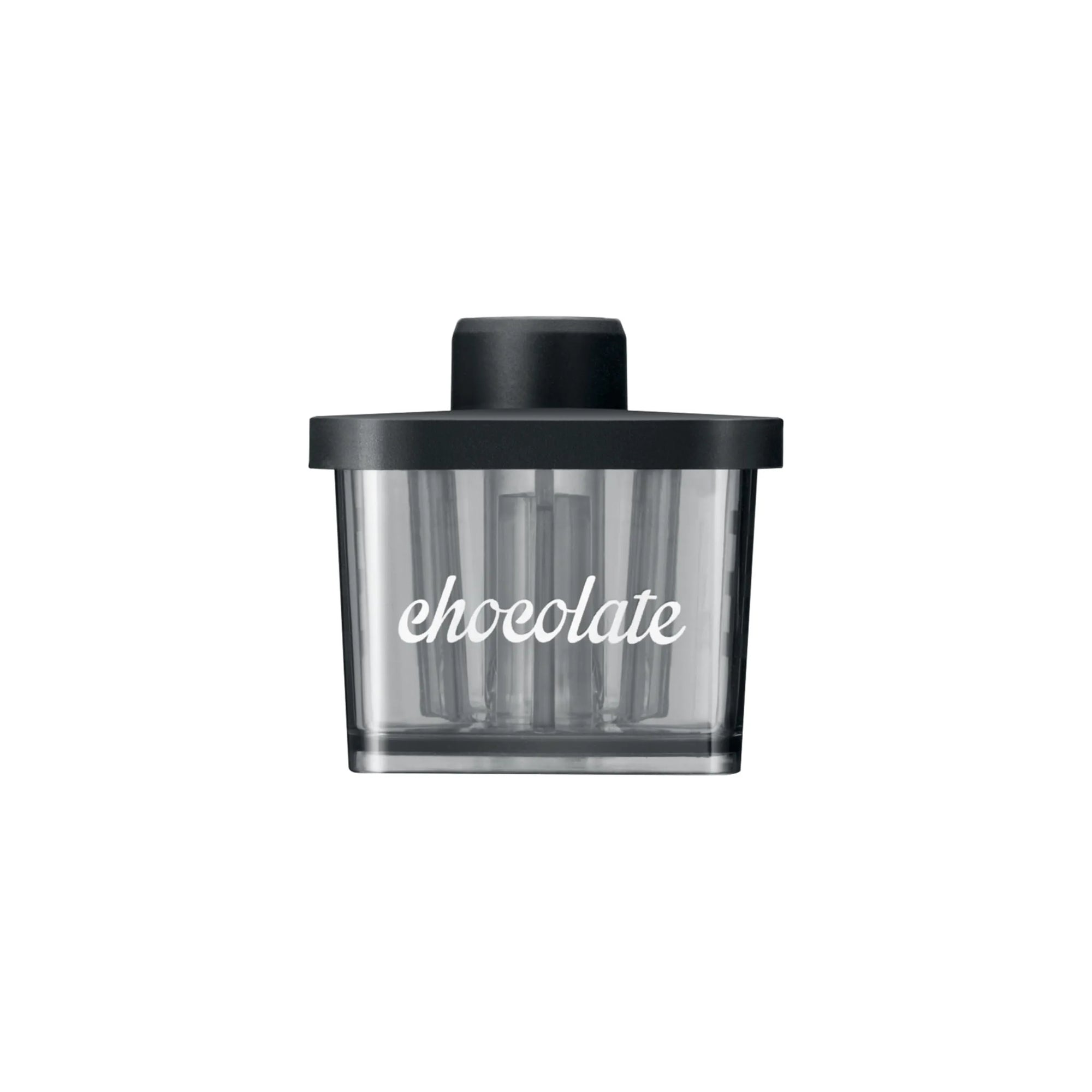 A clear plastic Chocolate attachment with a black lid and a white script label reading 'chocolate' on the front, shown against a plain white background.