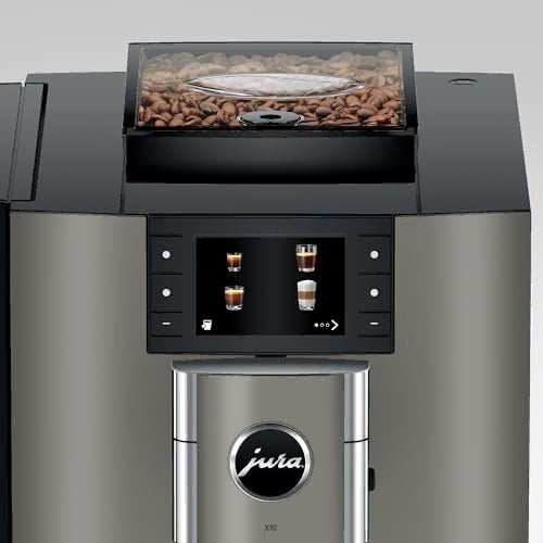 A Jura X10 espresso machine in brushed stainless steel with a black control panel and a transparent bean hopper filled with coffee beans, shown against a light gray background.