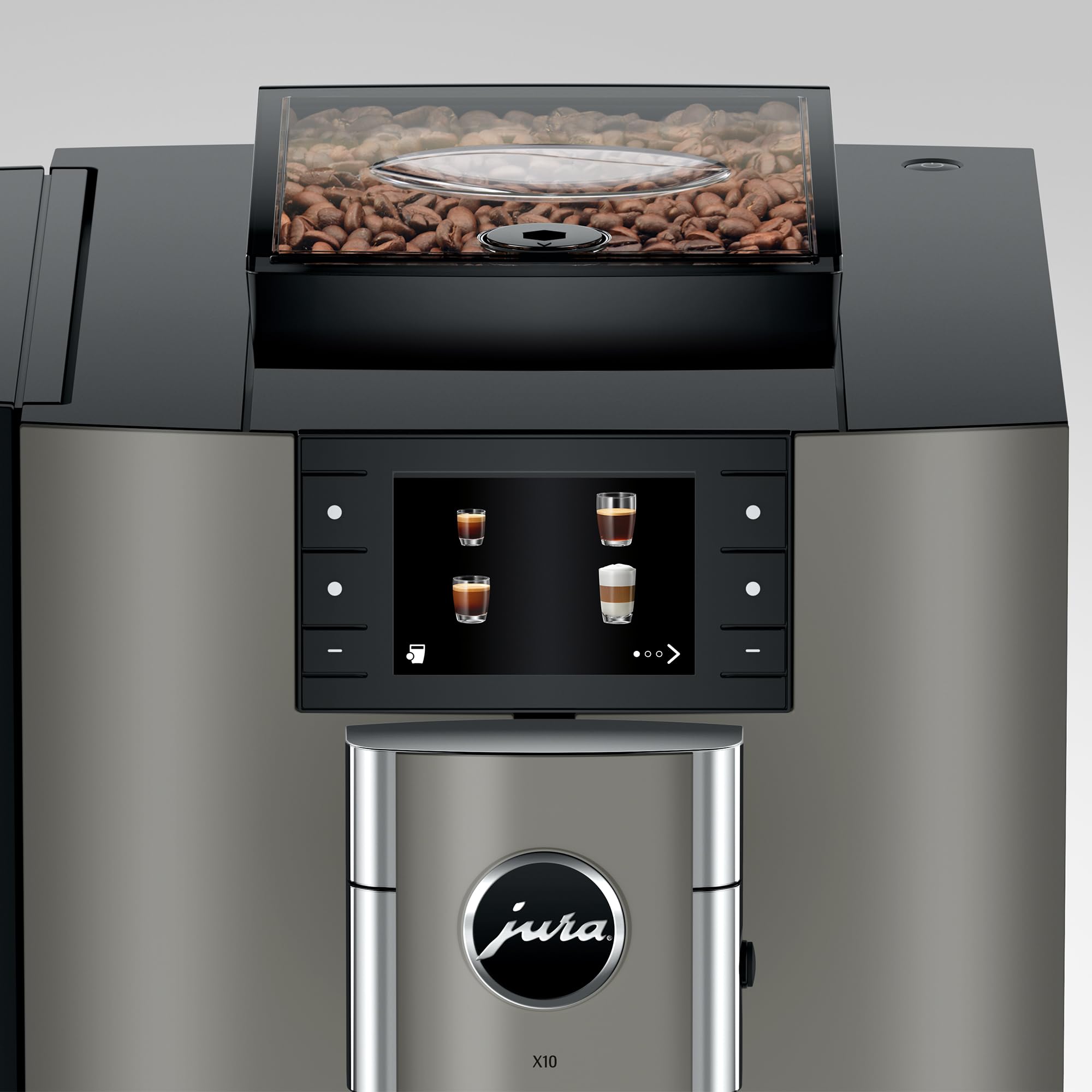 Jura X10 coffee machine with digital display and bean hopper on a light gray background