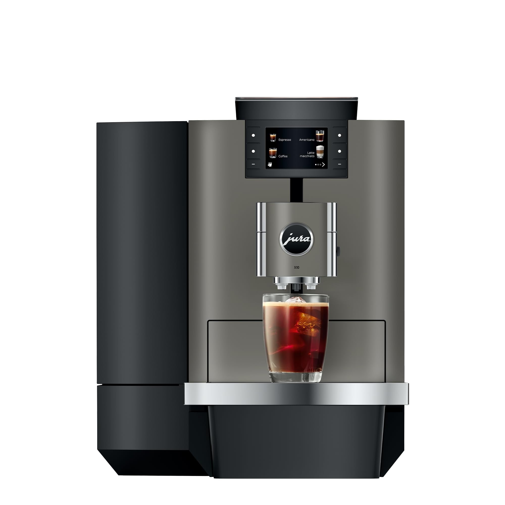Jura X10 coffee machine with a glass of iced coffee on a white background