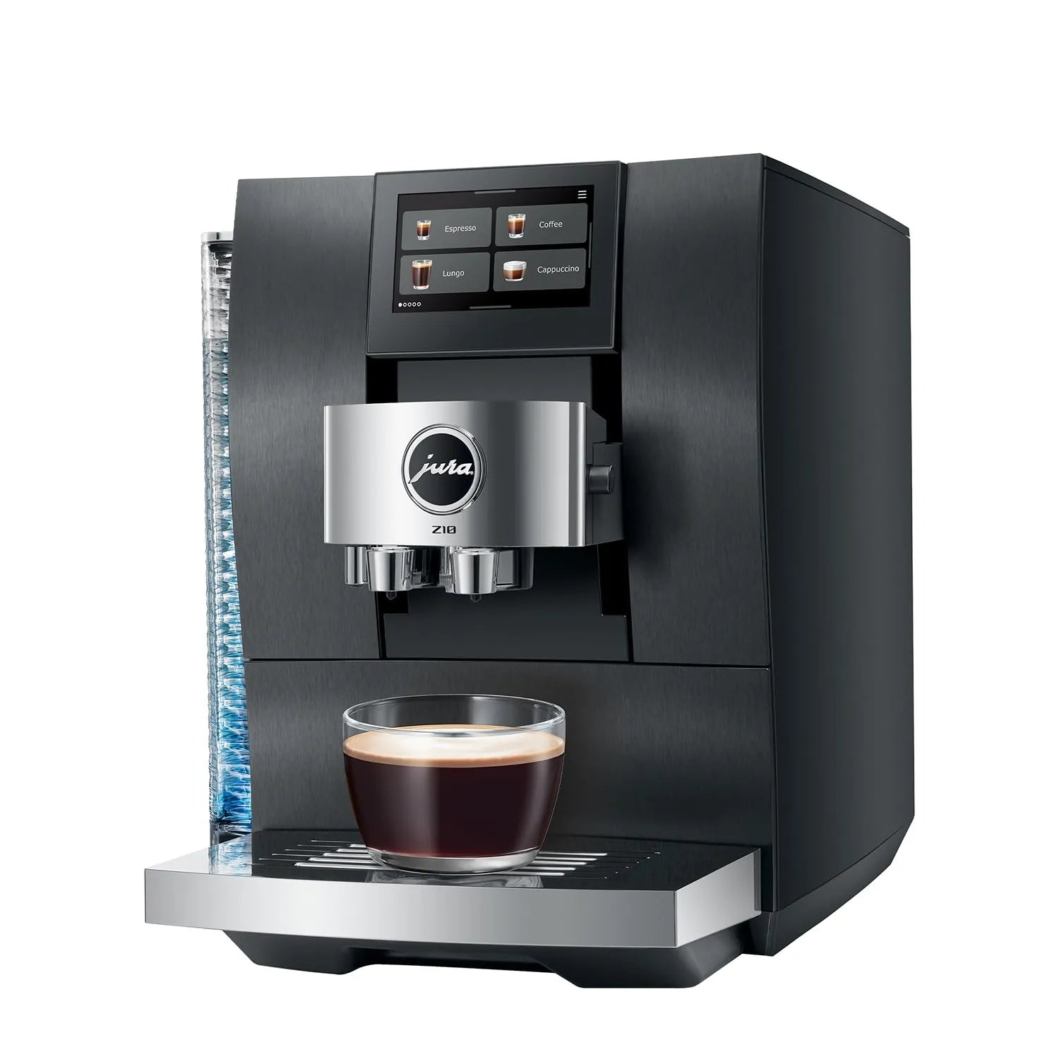 A sleek black and silver Jura espresso machine with a digital touch screen, shown with a cup of espresso on the drip tray against a white background.