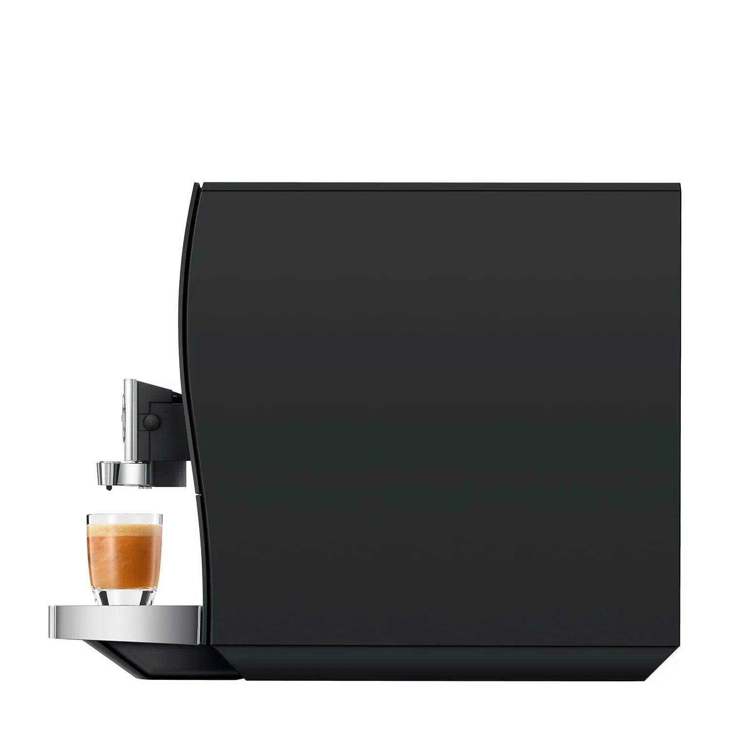 A sleek, modern espresso machine in matte black with a stainless steel drip tray holding a freshly brewed espresso shot, set against a solid white background.