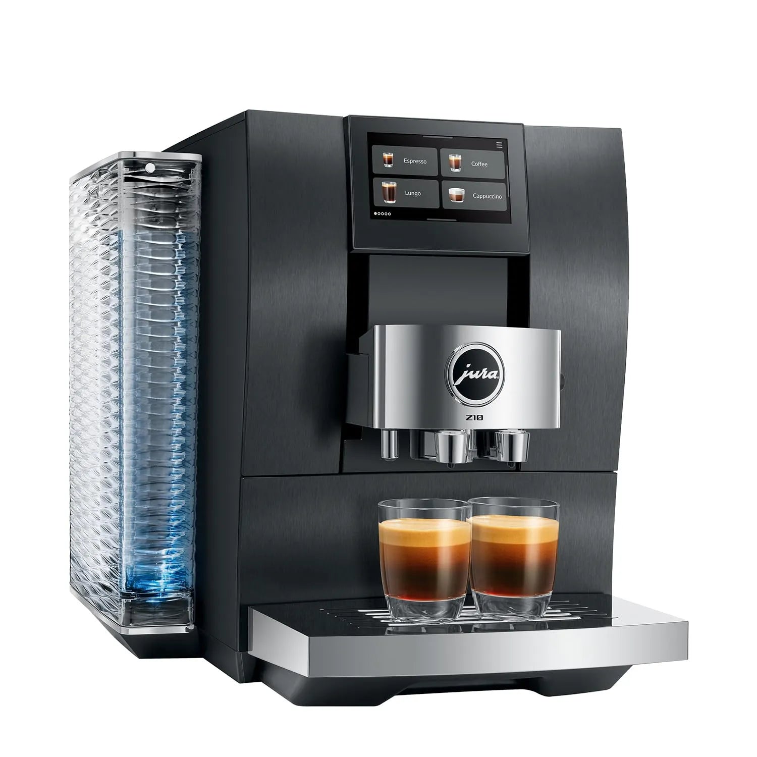 A sleek black and stainless steel Jura Z800 espresso machine with two glasses of freshly brewed espresso on its tray, set against a solid white background.