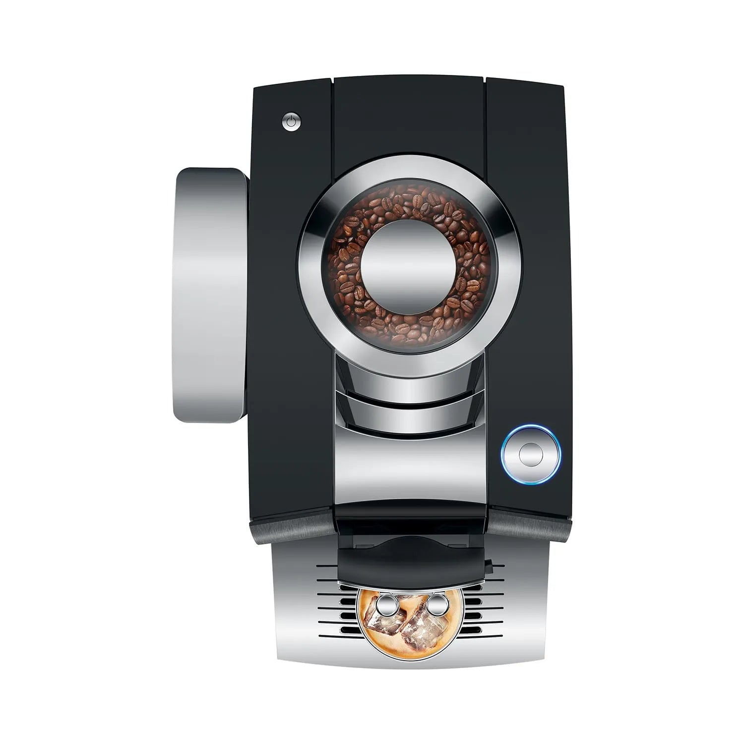 Top view of black and silver Jura coffee machine with coffee bean grinder with a clear lid showing coffee beans on a white background