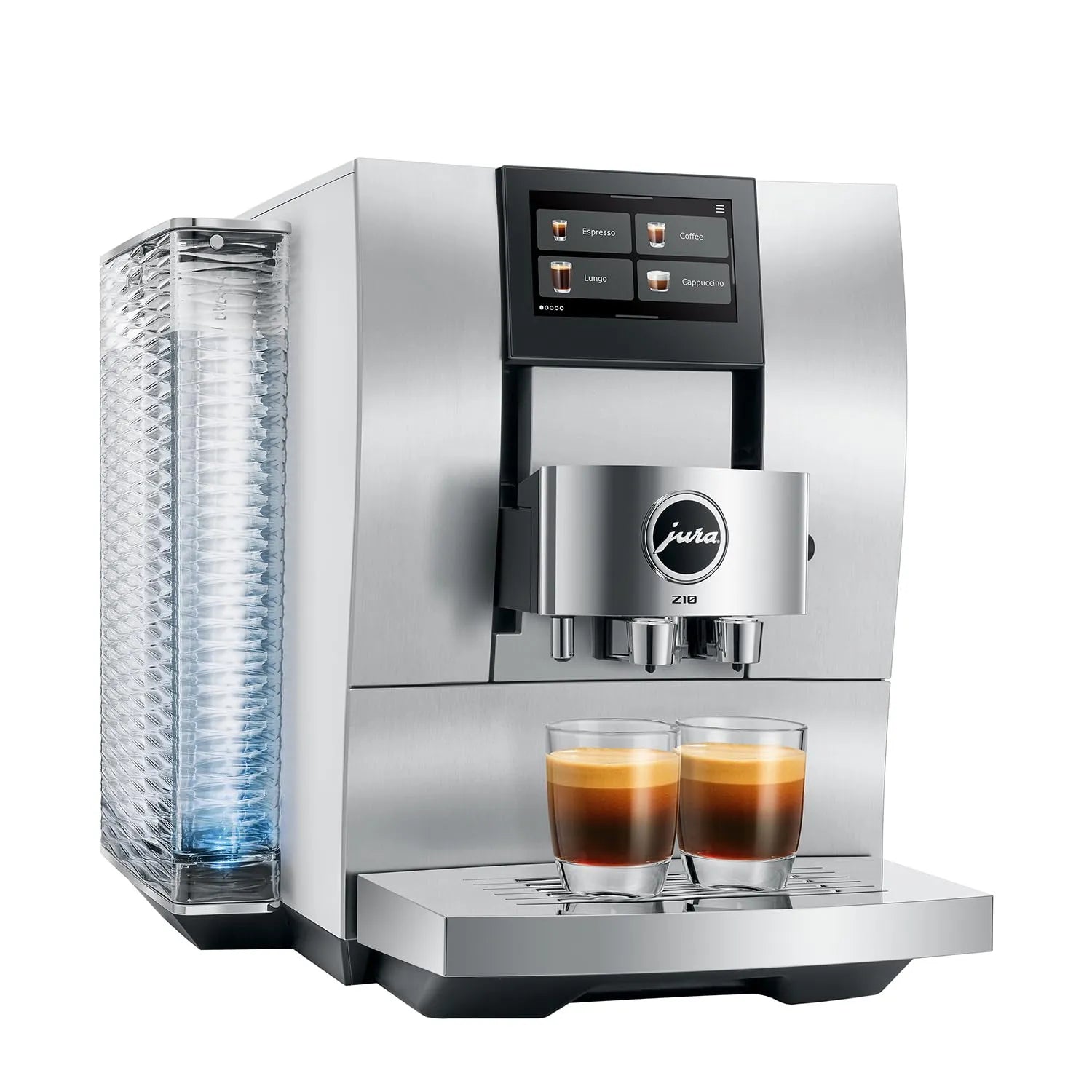 A sleek, stainless steel Jura coffee machine with a digital touch screen, shown with two glasses of espresso on its drip tray against a white background.