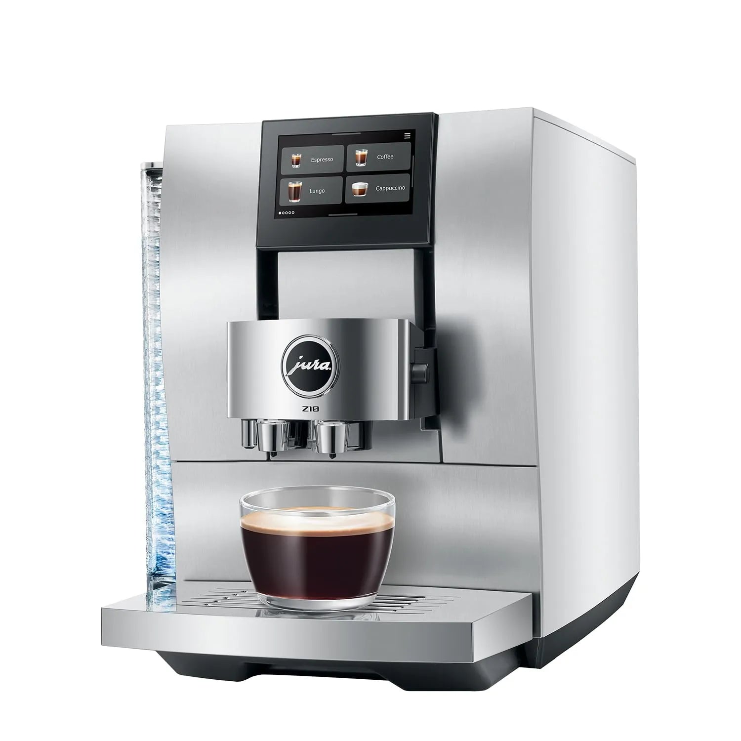 A Jura Z10 professional espresso machine in stainless steel, shown with a glass of espresso and milk on the drip tray against a white background.