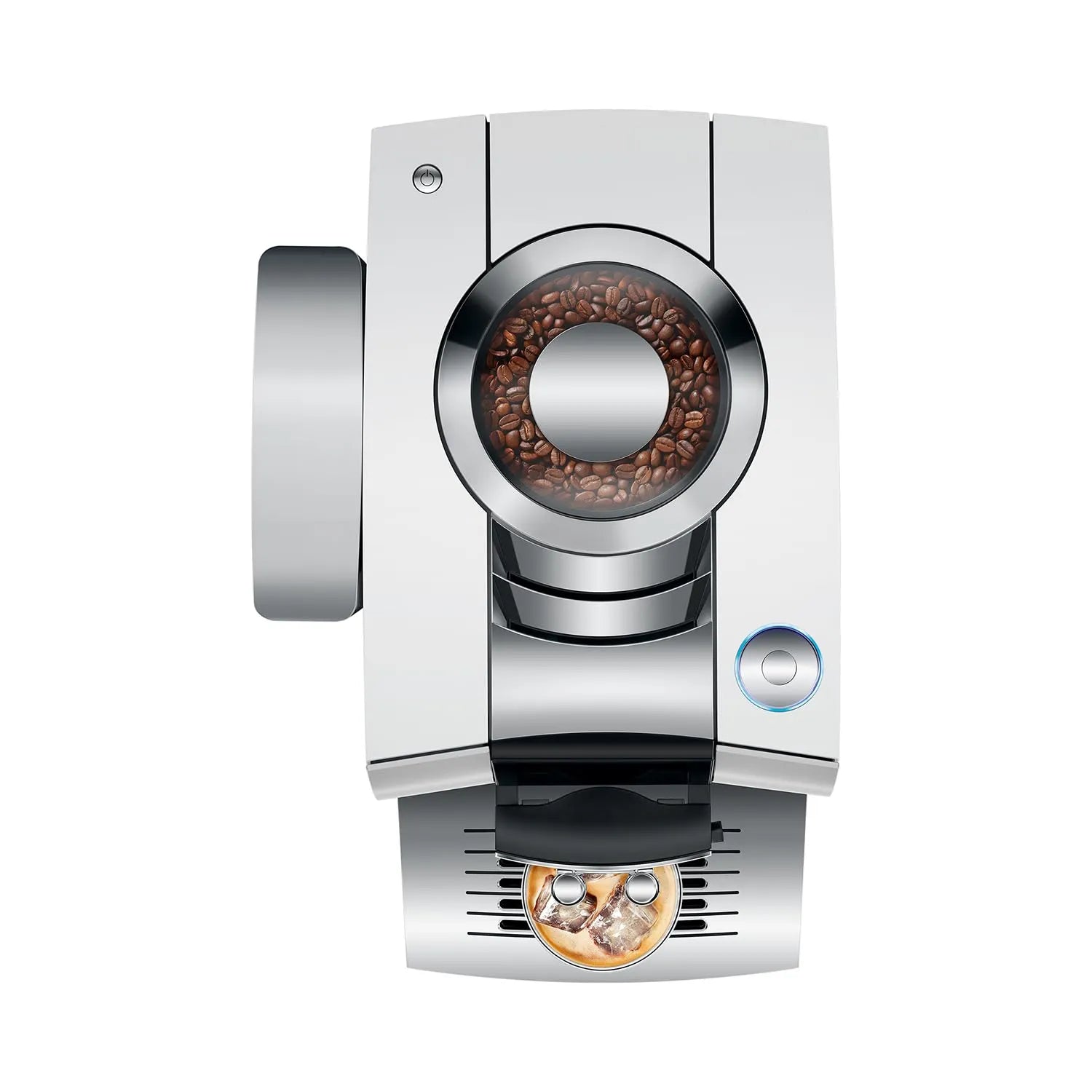 Top view of a modern stainless steel coffee machine with a visible bean hopper filled with coffee beans and a small cup of brewed coffee at the front output tray, shown on a plain white background.