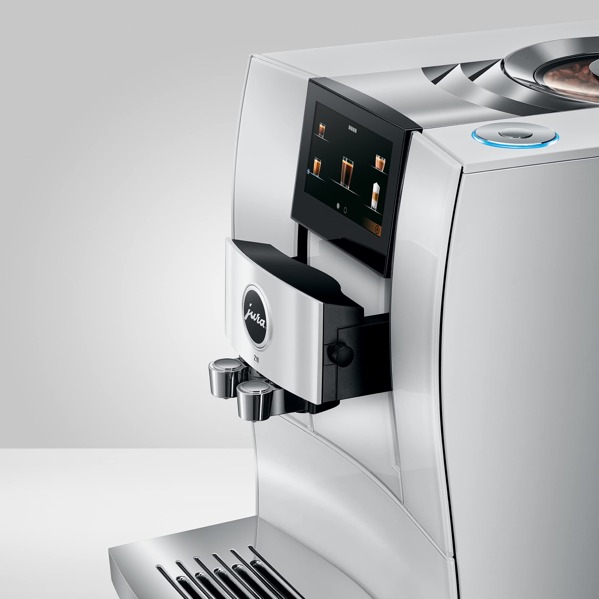 Side view of Diamond White Jura espresso machine with a touchscreen panel displayed on a white background