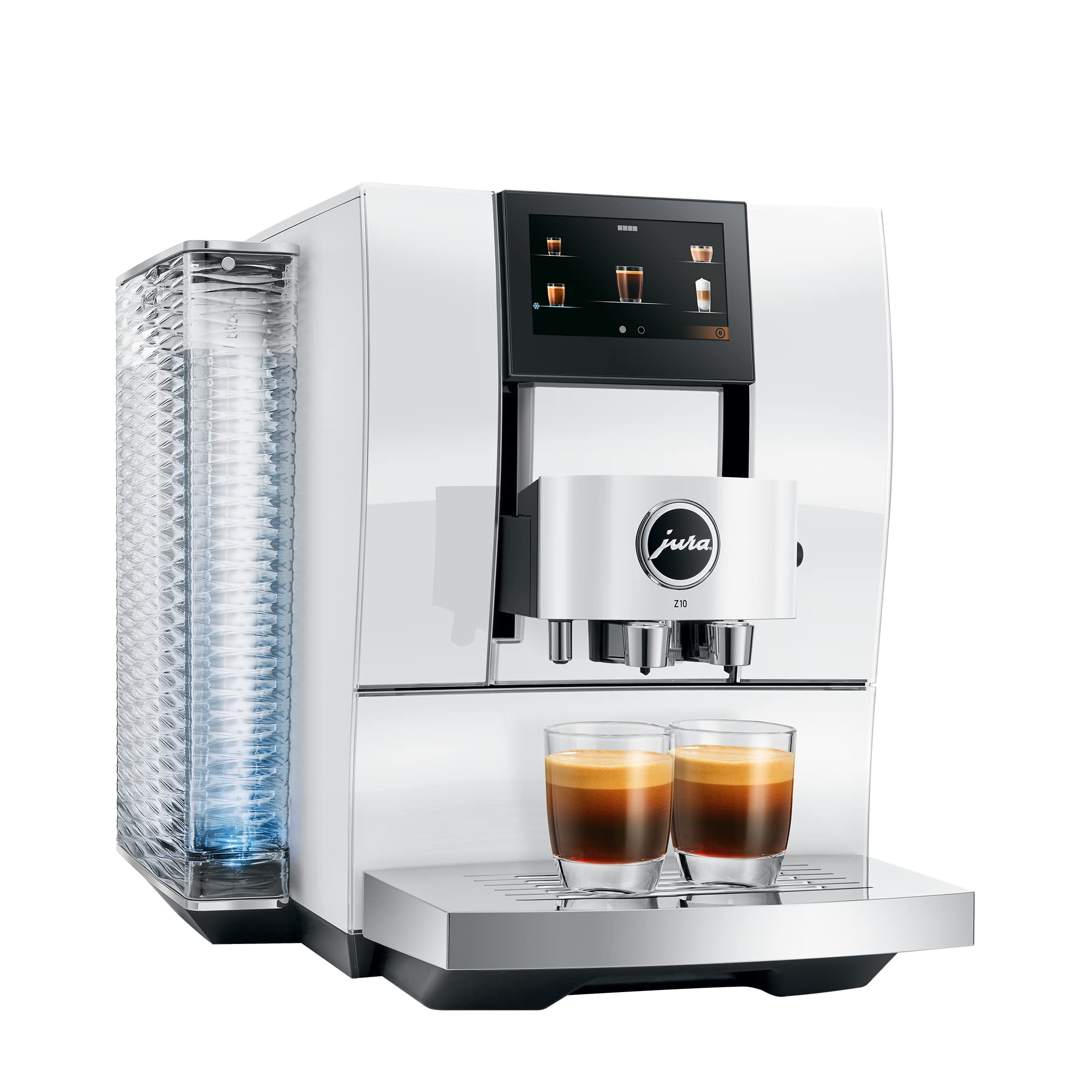Diamond White Jura espresso machine with two creamy coffees in glass cups on stand displayed on a white background